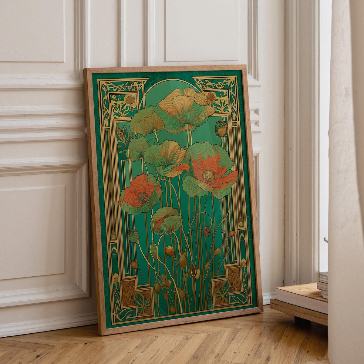 Green and Gold Botanical Art Nouveau Floral Vintage Wall Art by The Wall Art Studio - physical