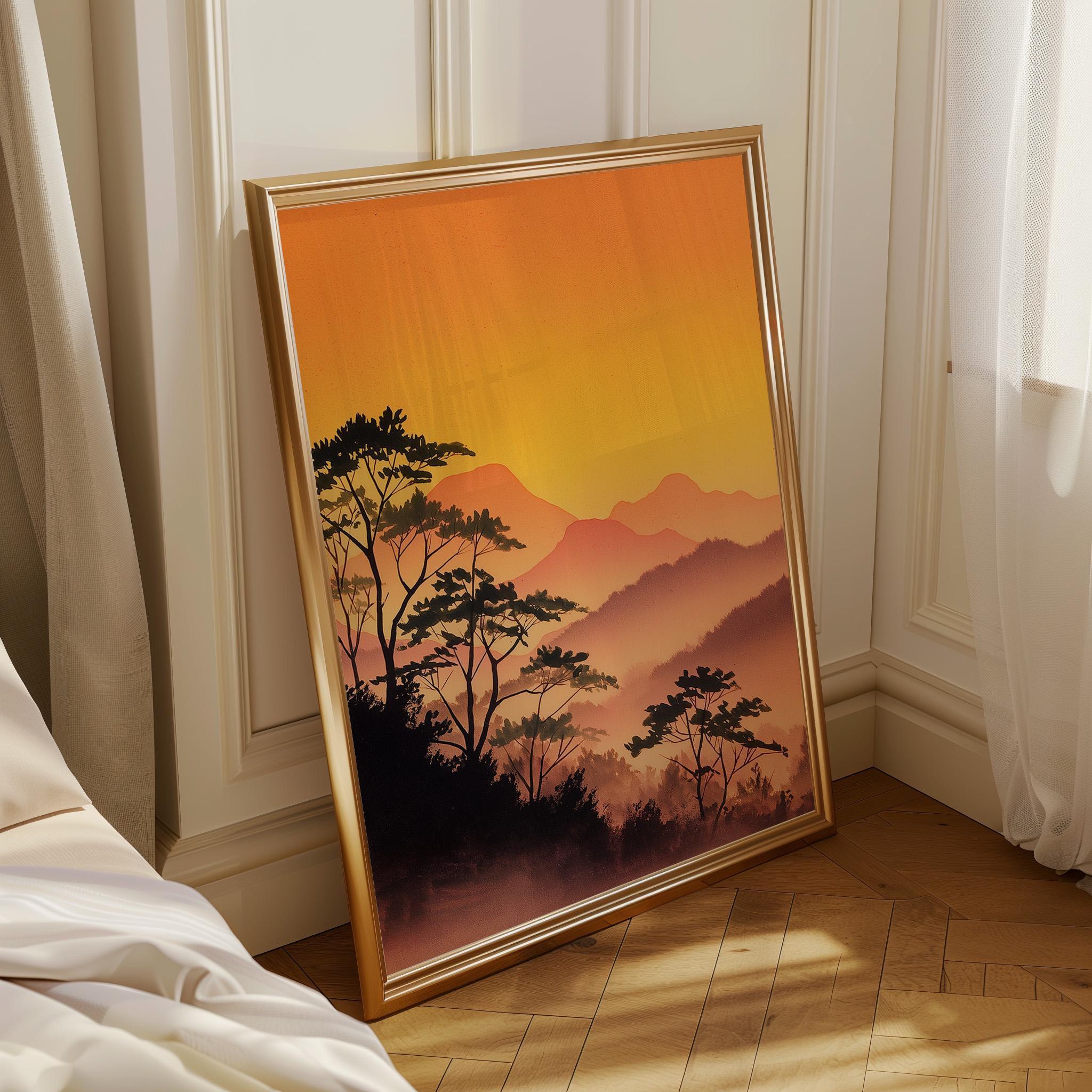 Sunset Japanese Mountain Warm Orange Forest Wall Art by The Wall Art Studio