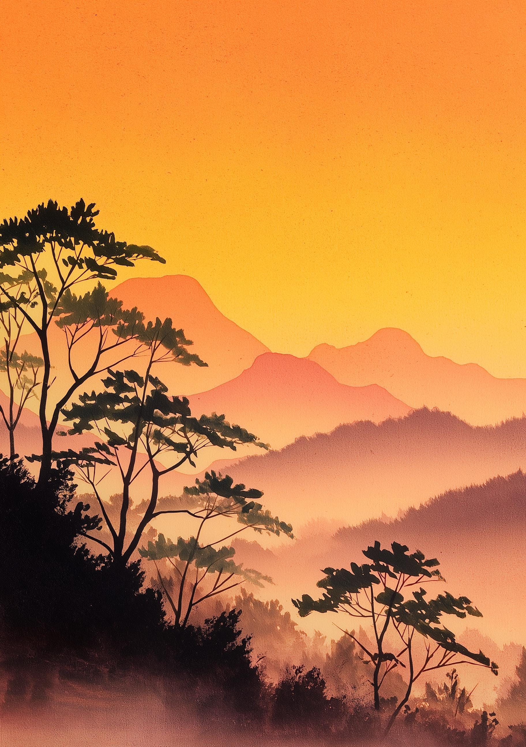 Sunset Japanese Mountain Warm Orange Forest Wall Art by The Wall Art Studio