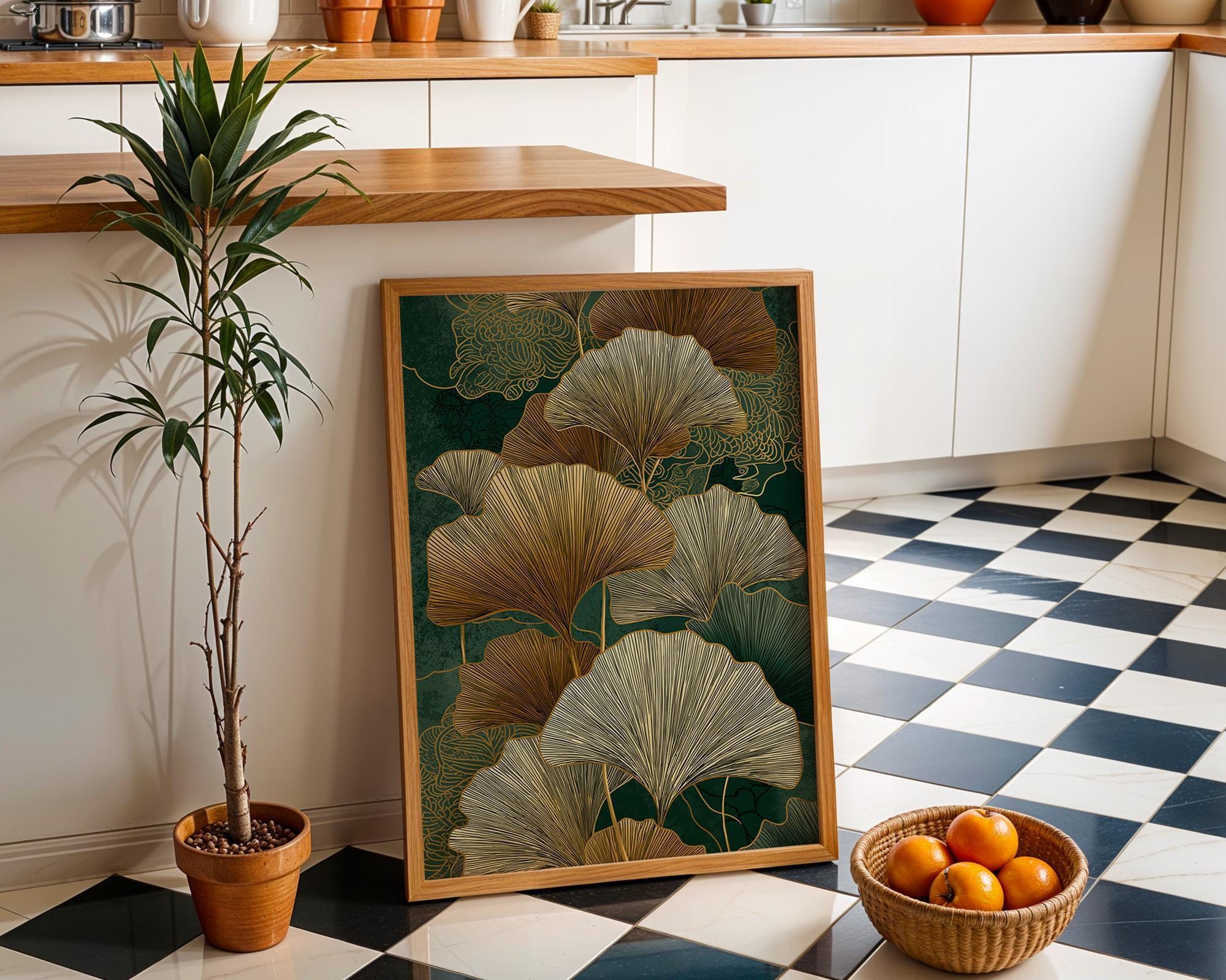 Ginkgo Leaf Wall Art, Art Deco Botanical Print, Gold Green Nature Illustration