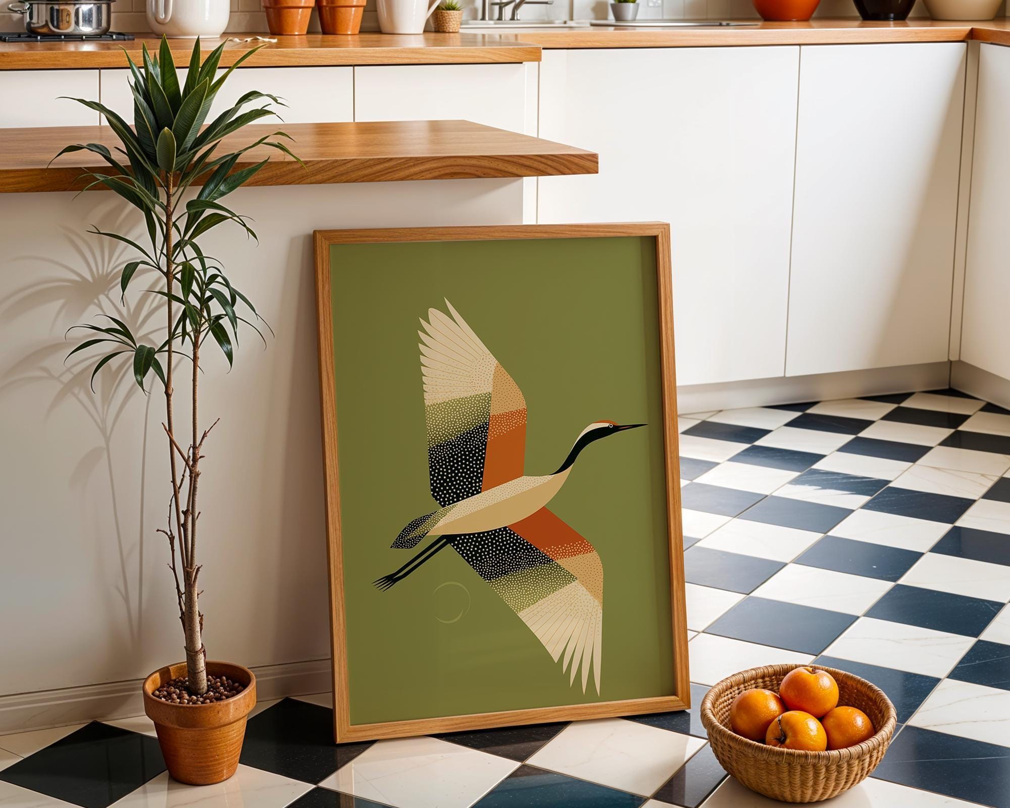 Mid Century Modern Crane Retro 1960s Wildlife Olive Green Wall Art by The Wall Art Studio