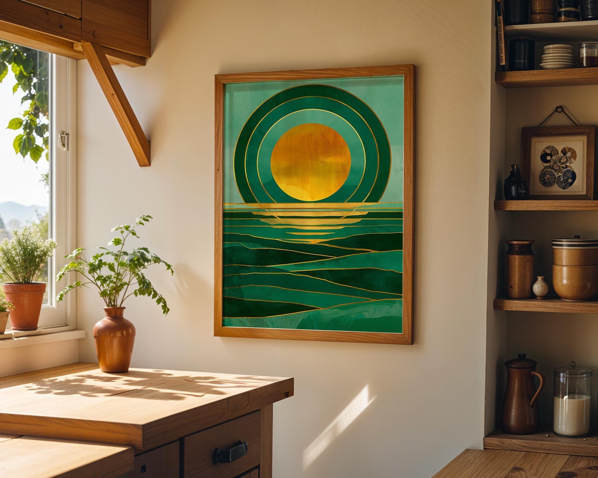 Art Deco Emerald Green Seascape Ocean Sunset Wall Art by The Wall Art Studio