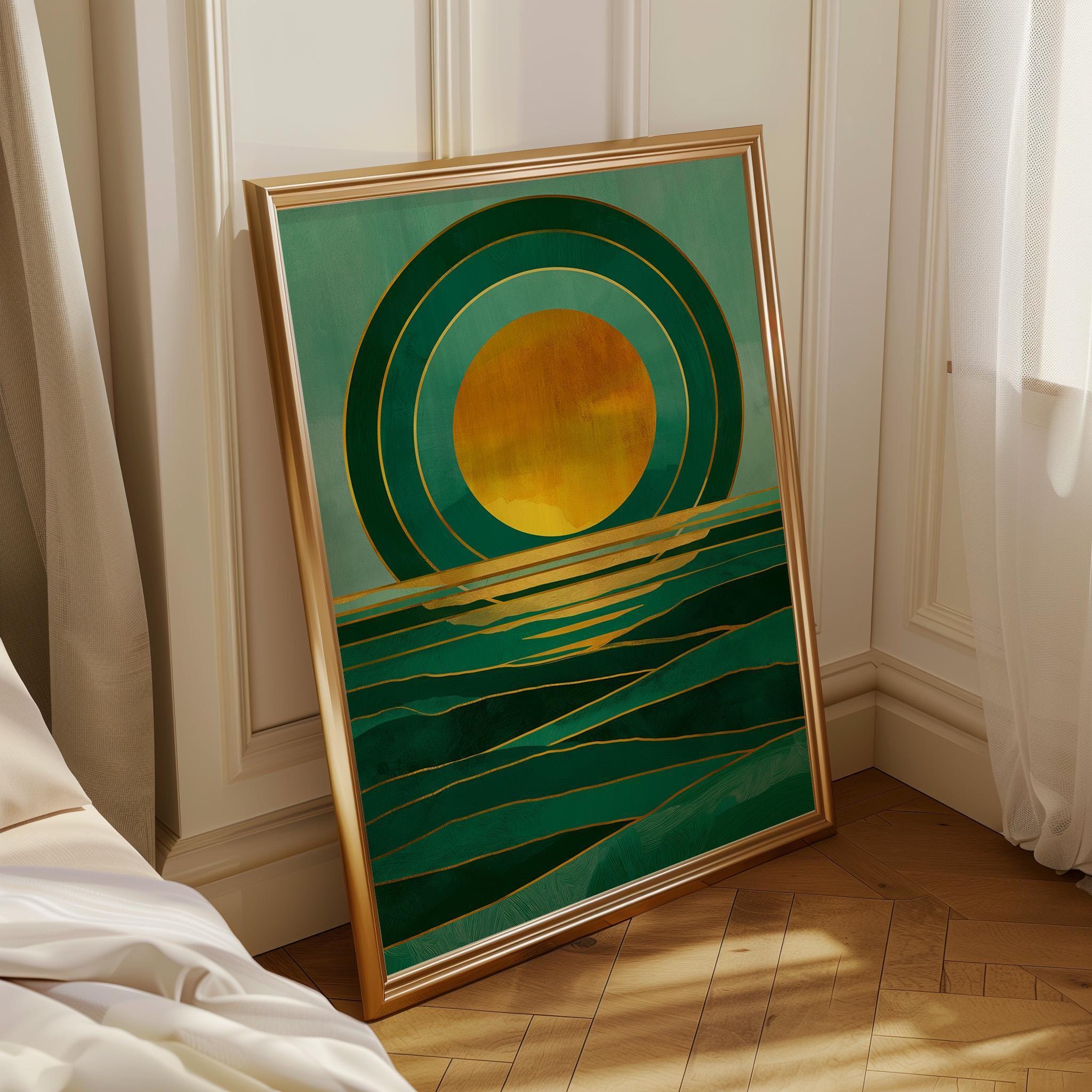 Art Deco Emerald Green Seascape Ocean Sunset Wall Art by The Wall Art Studio