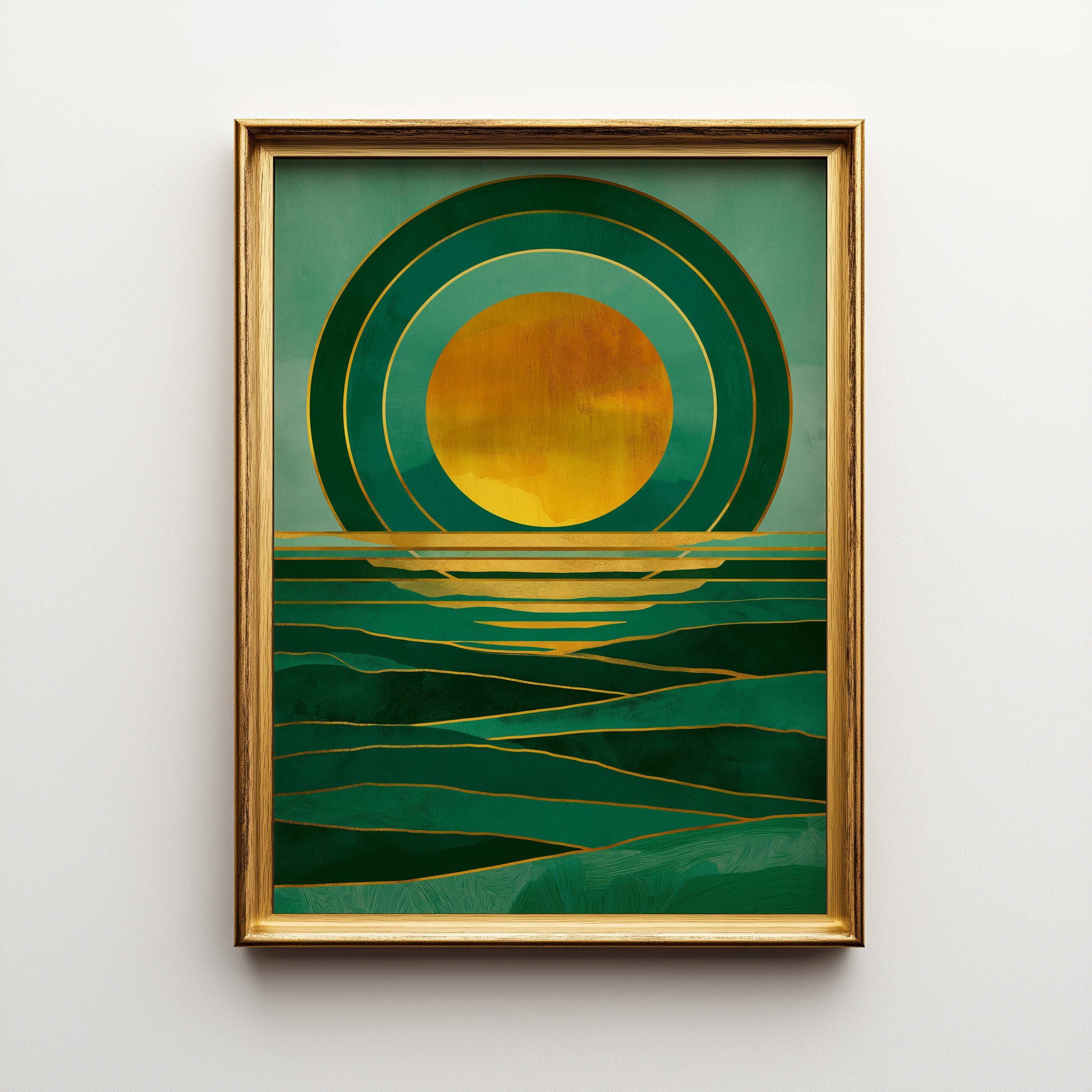 Art Deco Emerald Green Seascape Ocean Sunset Wall Art by The Wall Art Studio