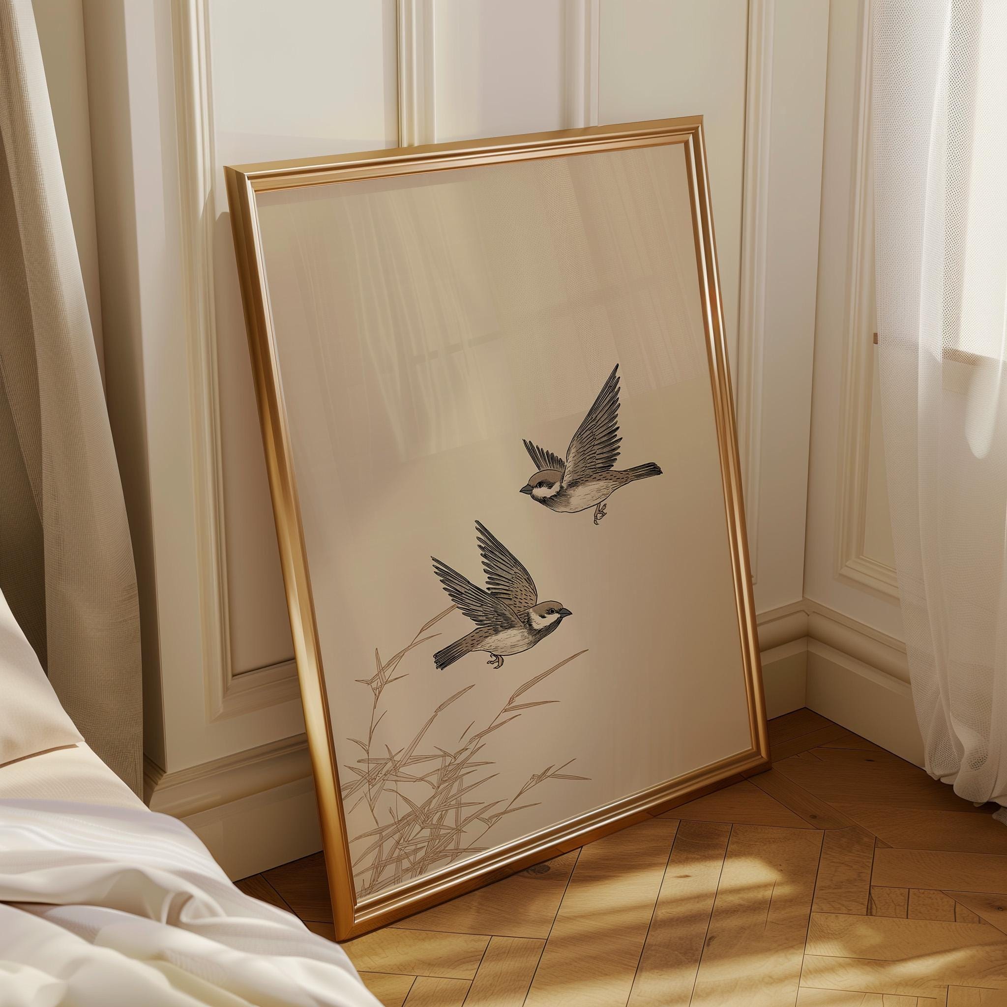Japanese Sparrow Ink Minimalist Japandi Wall Art by The Wall Art Studio