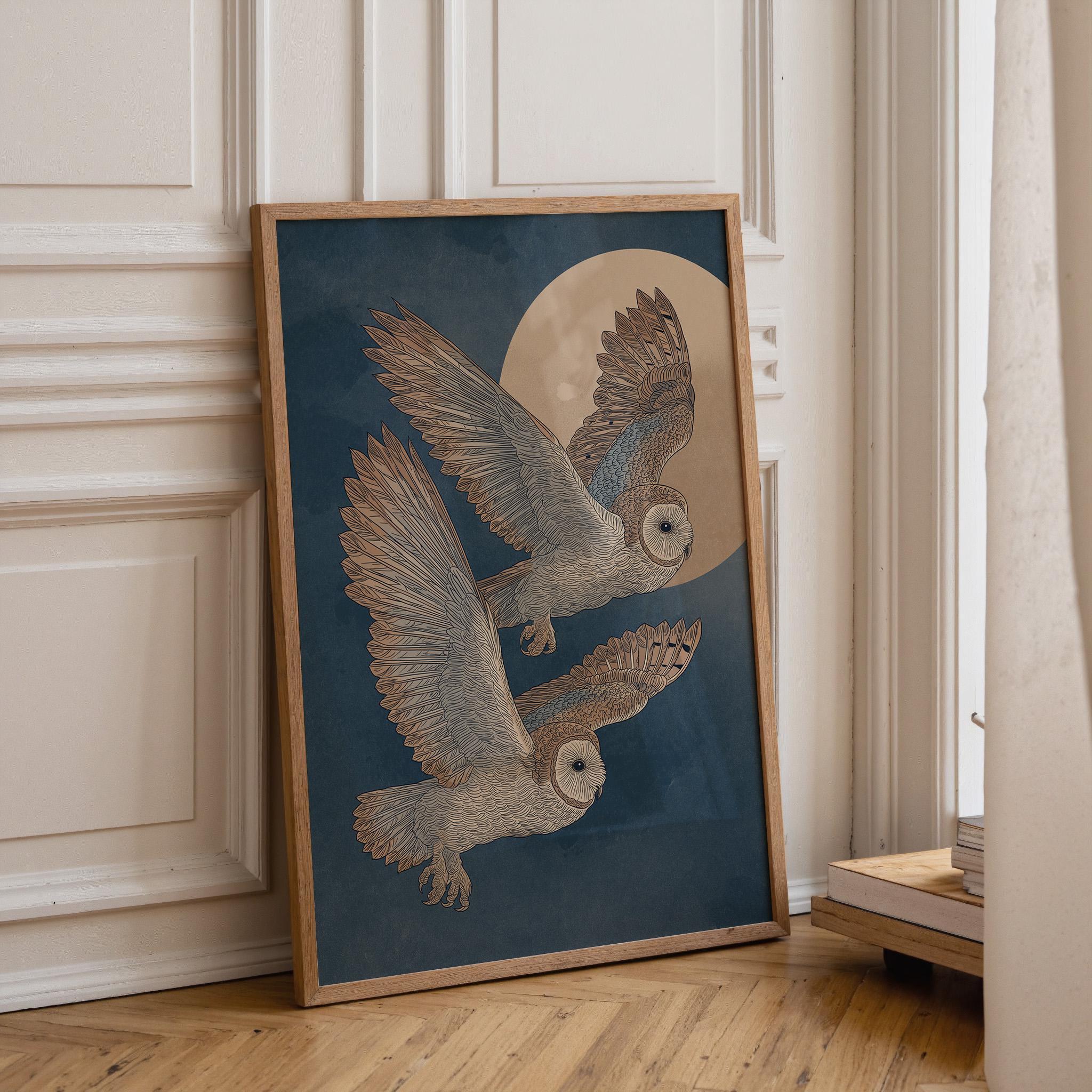 Japanese Style Owl Ukiyo-e Inspired Night Moon Wall Art by The Wall Art Studio