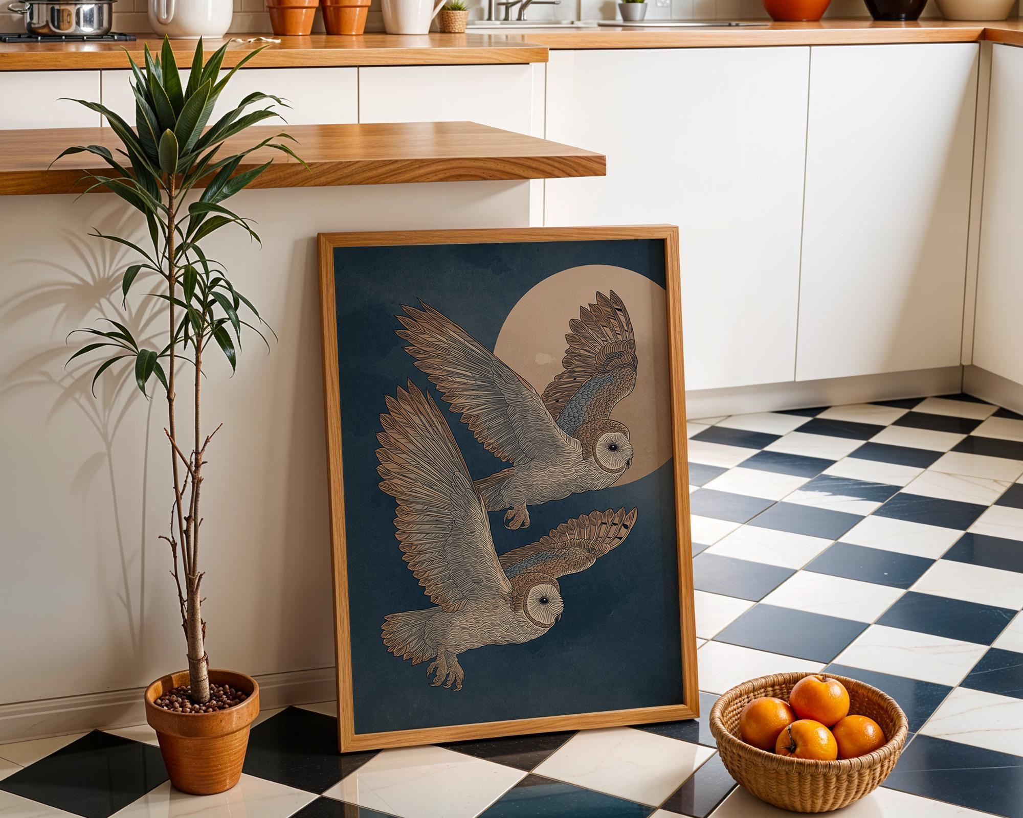 Japanese Style Owl Ukiyo-e Inspired Night Moon Wall Art by The Wall Art Studio