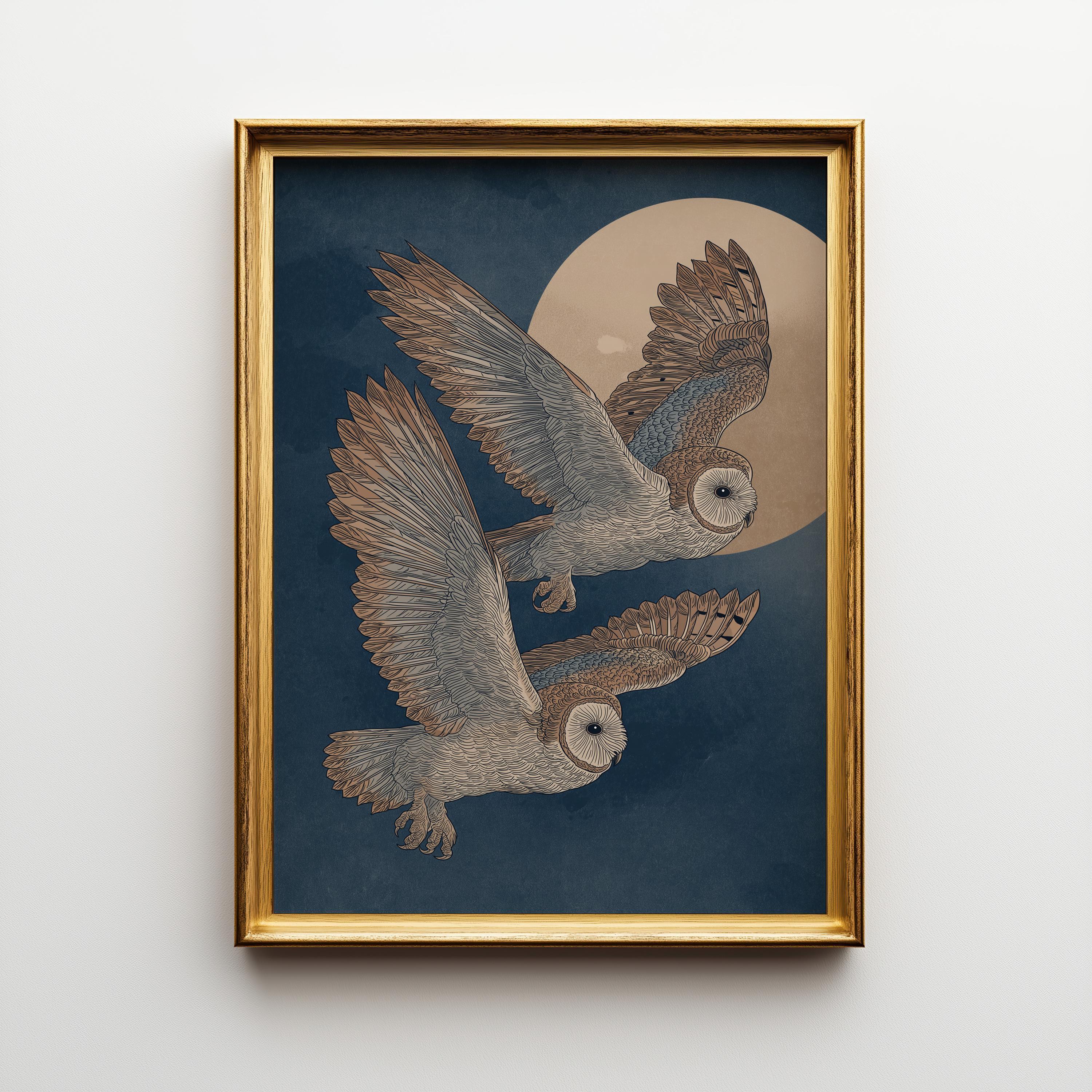 Japanese Style Owl Ukiyo-e Inspired Night Moon Wall Art by The Wall Art Studio