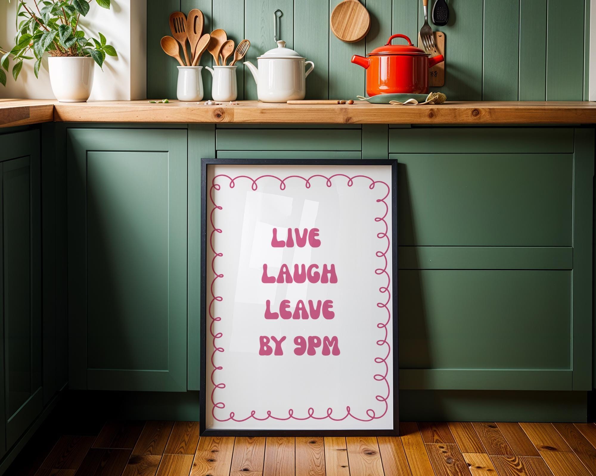 Funny Quote Wall Art | “Live Laugh Leave by 9PM” Pink by The Wall Art Studio