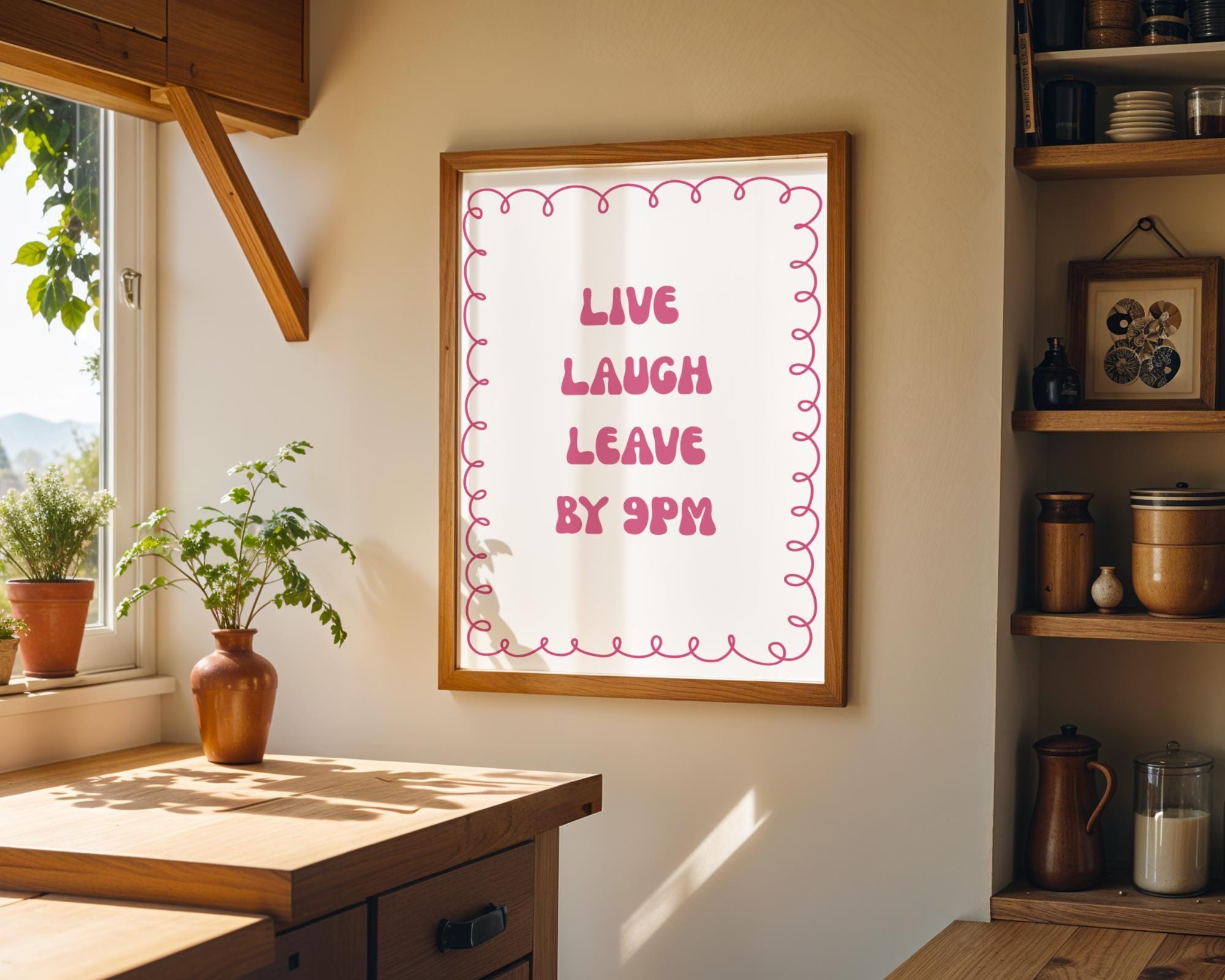 Funny Quote Wall Art | “Live Laugh Leave by 9PM” Pink by The Wall Art Studio