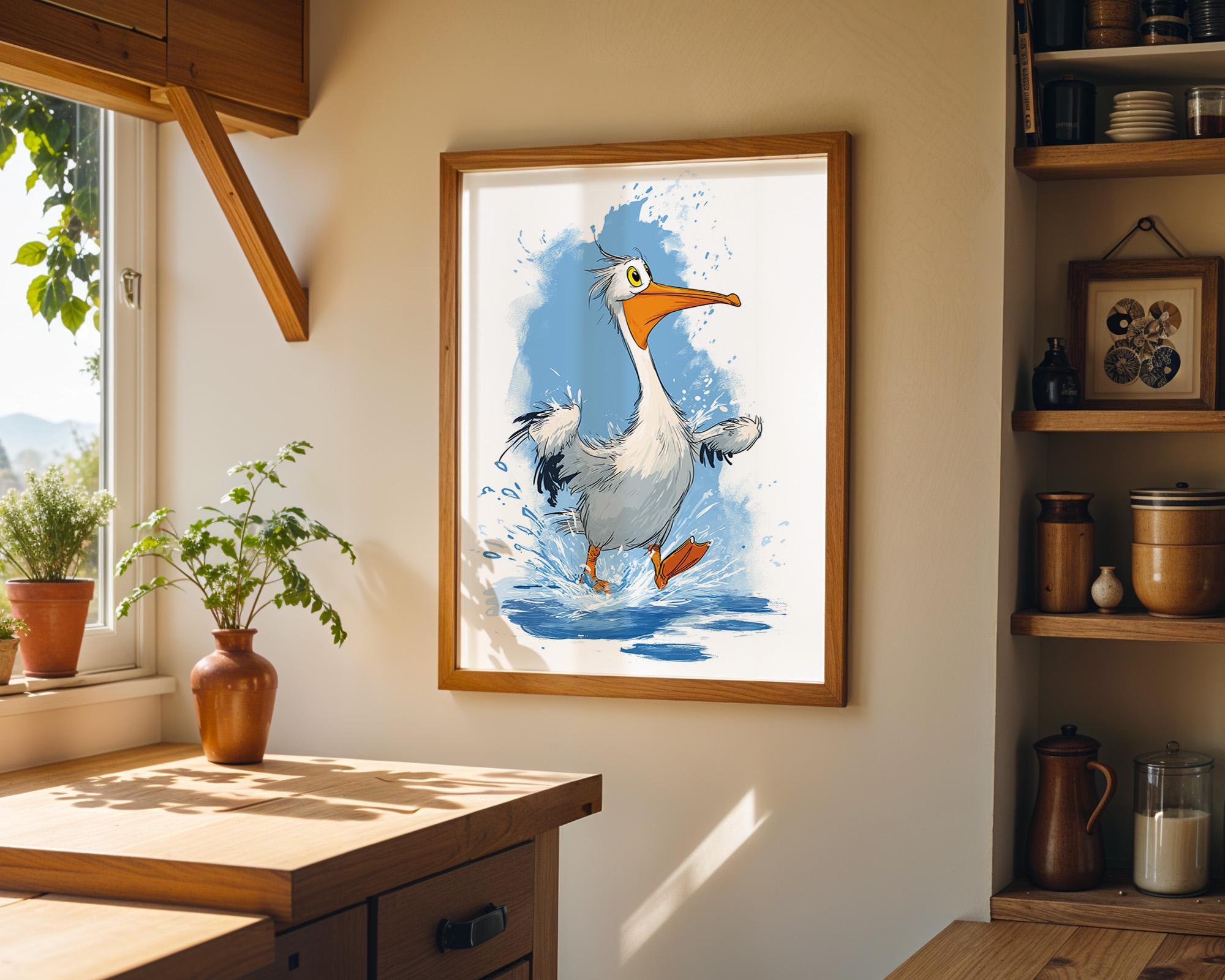 Funny Pelican Cute Cartoon Splashing Pelican Coastal Nursery Wall Art by The Wall Art Studio