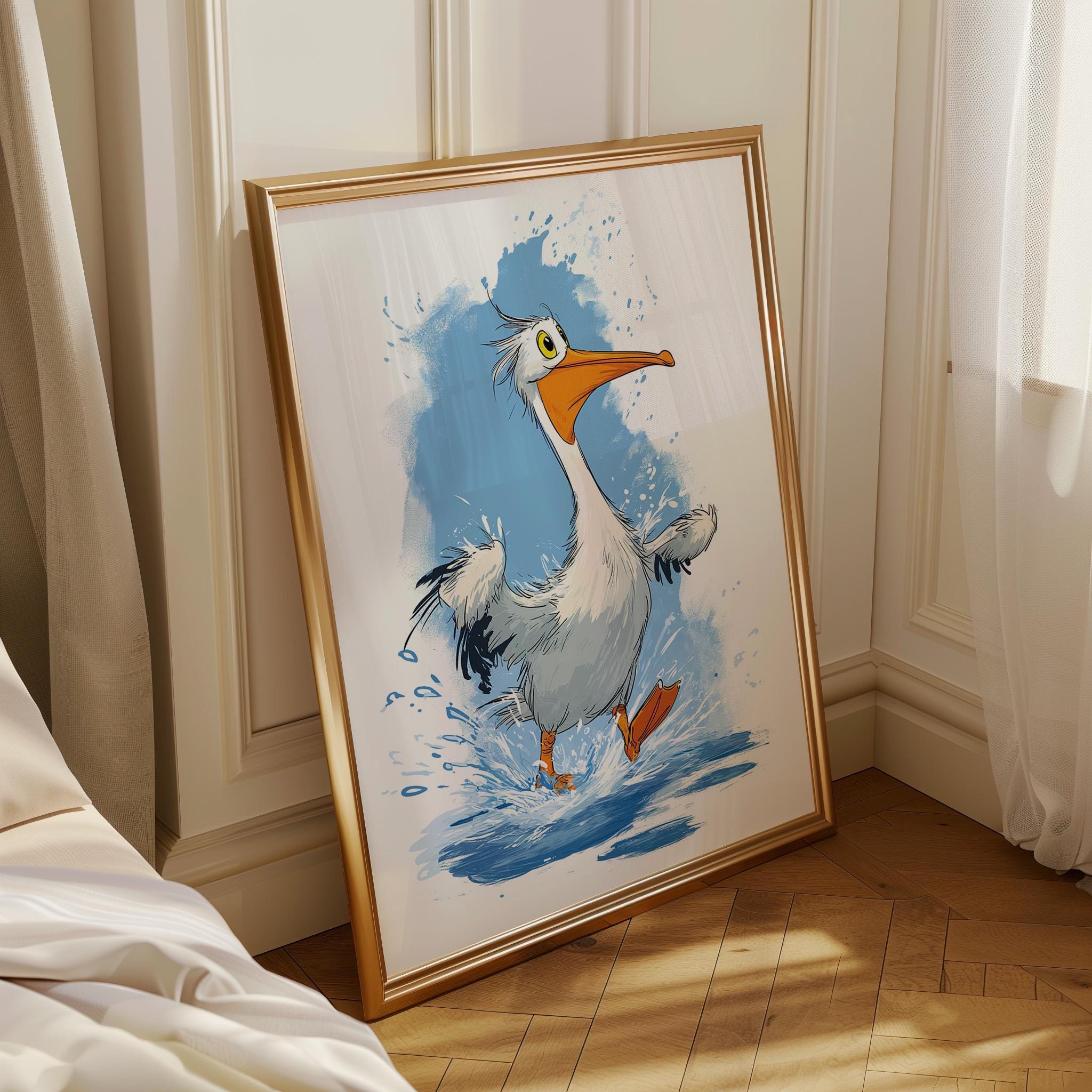 Funny Pelican Cute Cartoon Splashing Pelican Coastal Nursery Wall Art by The Wall Art Studio