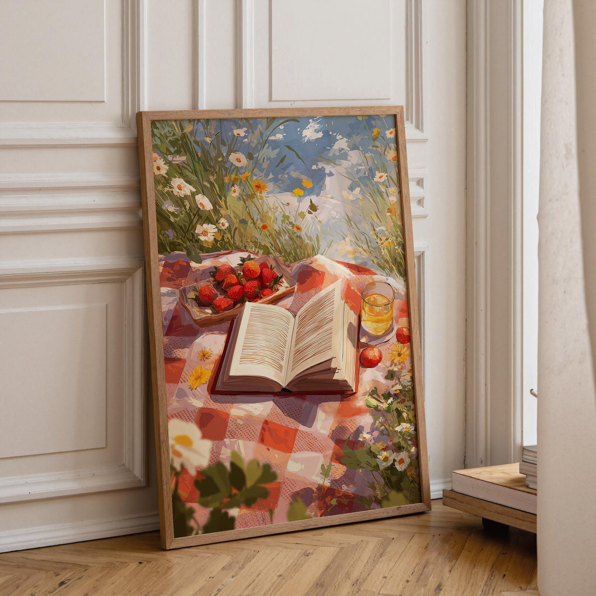 Summer Picnic Strawberry Field Reading Floral Meadow Wall Art by The Wall Art Studio