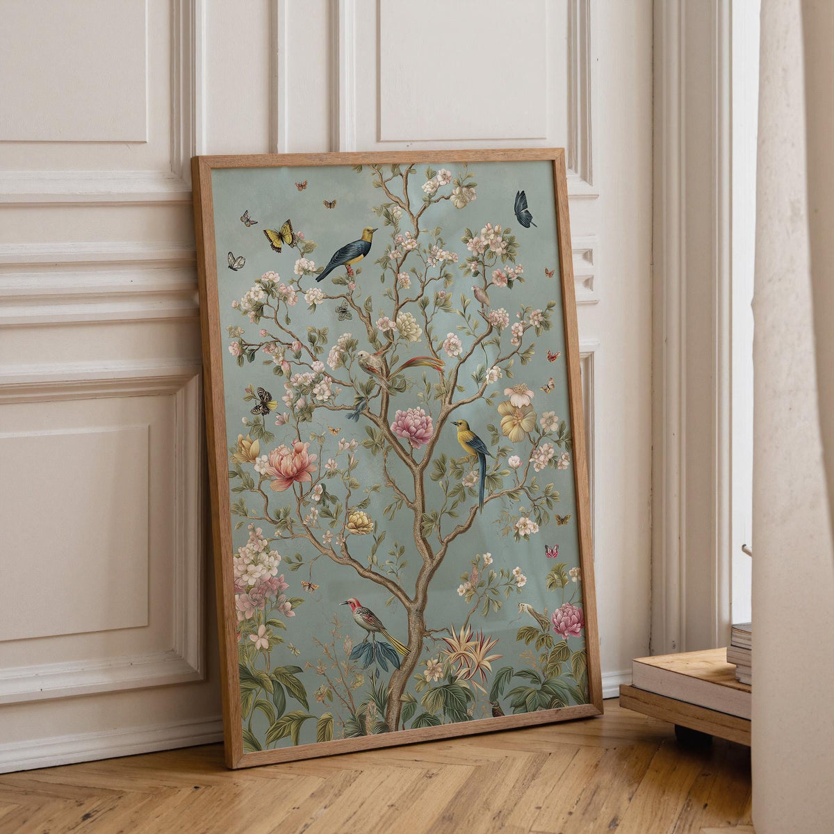 Chinoiserie Garden Vintage Bird & Butterfly Botanical Floral Wall Art by The Wall Art Studio