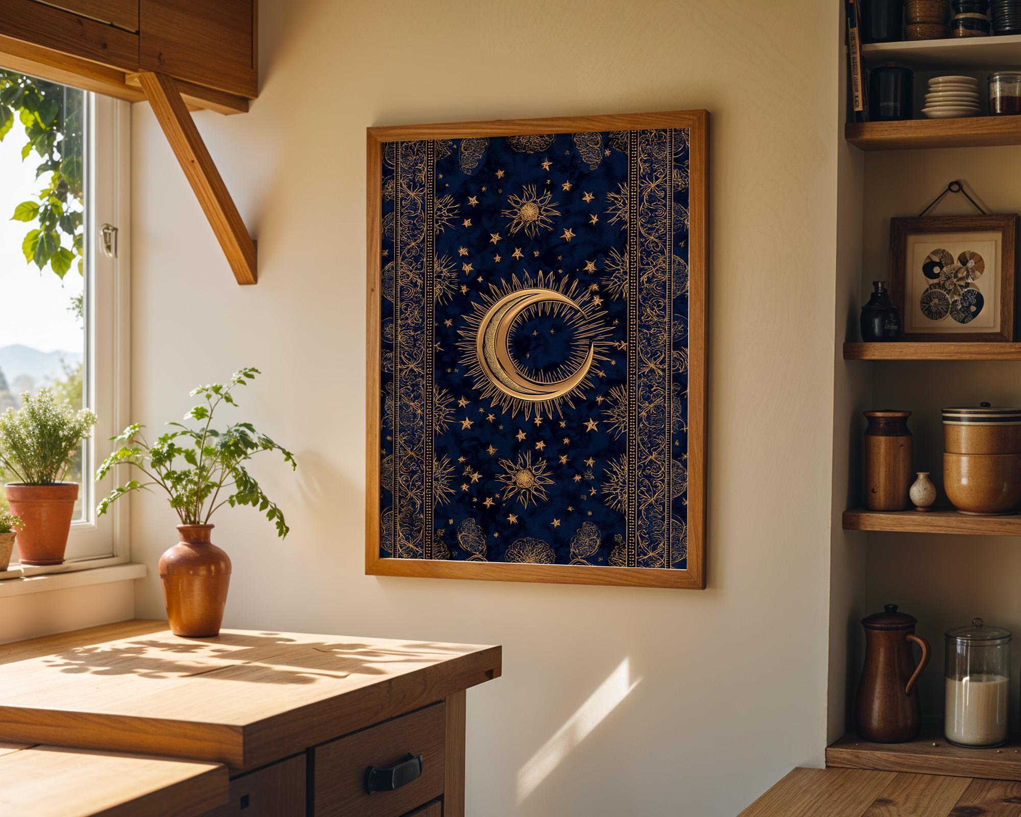 Islamic Crescent Moon Celestial Blue & Gold Starry Night Wall Art by The Wall Art Studio