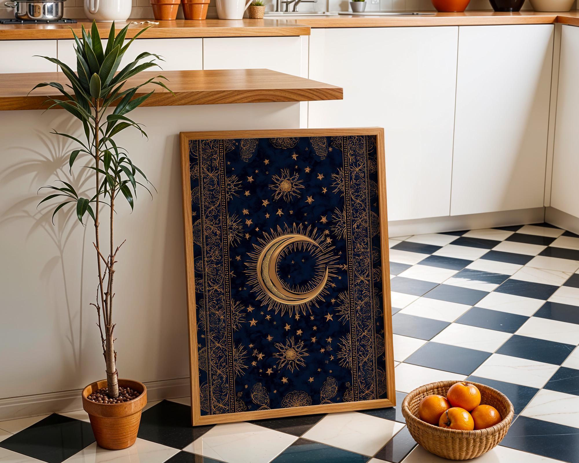 Islamic Crescent Moon Celestial Blue & Gold Starry Night Wall Art by The Wall Art Studio