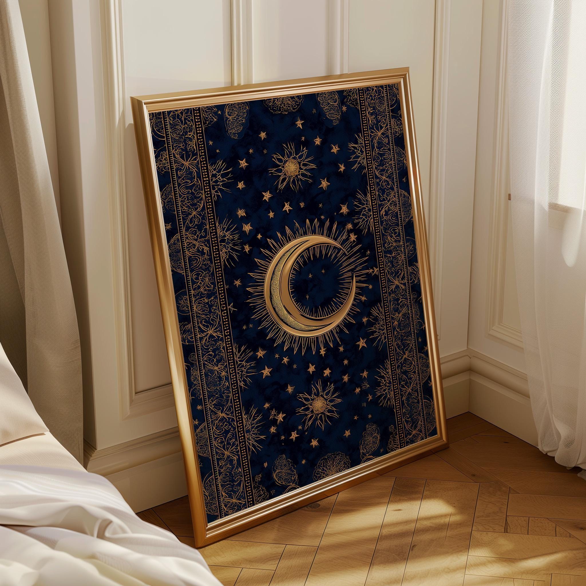 Islamic Crescent Moon Celestial Blue & Gold Starry Night Wall Art by The Wall Art Studio