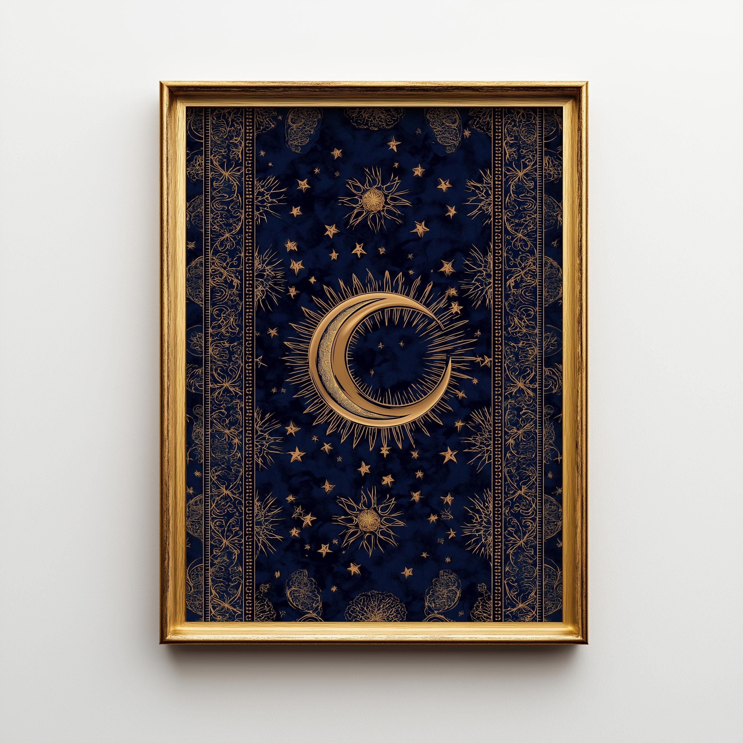 Islamic Crescent Moon Celestial Blue & Gold Starry Night Wall Art by The Wall Art Studio