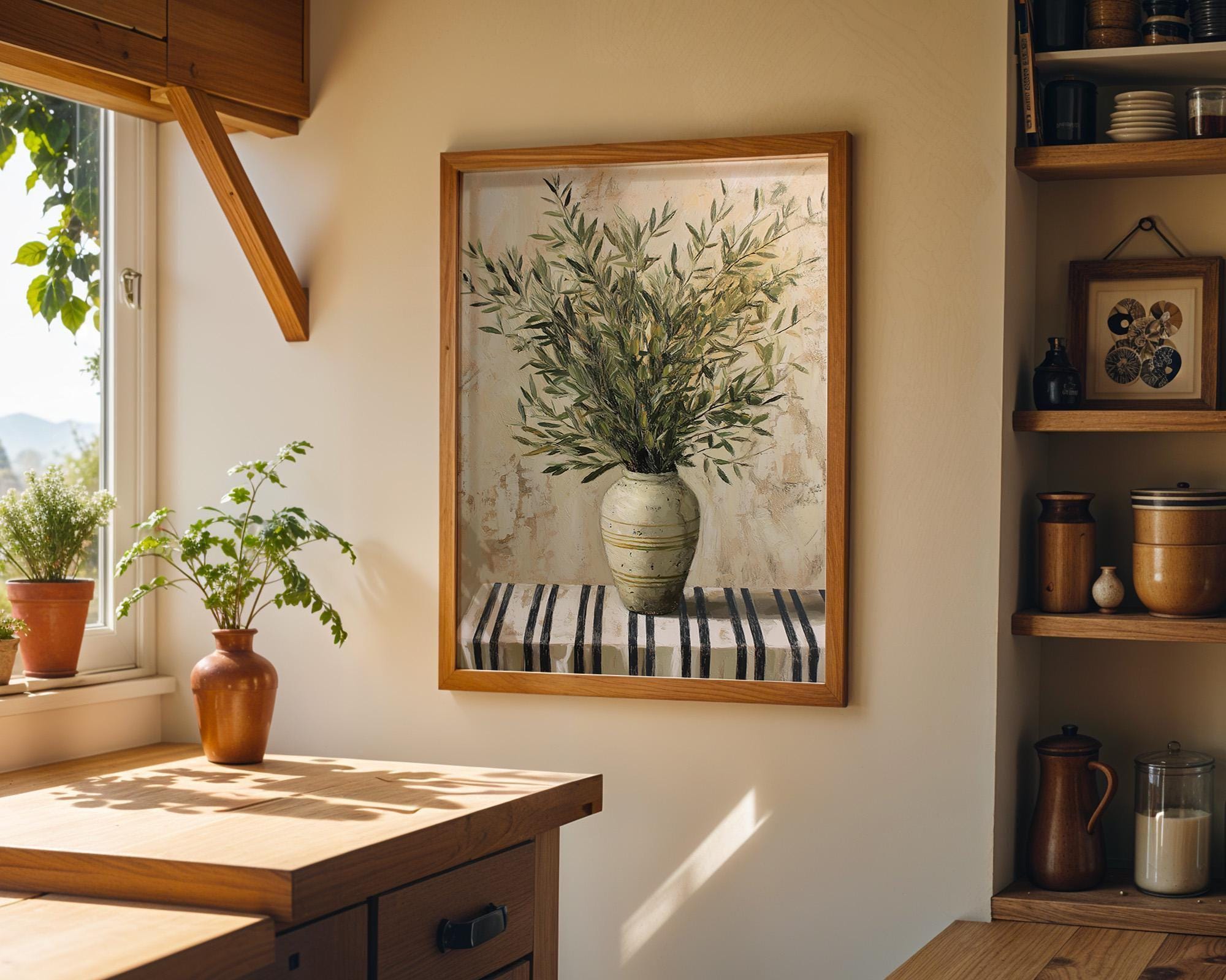 Rustic Mediterranean Olive Branch Vase Wall Art by The Wall Art Studio - physical