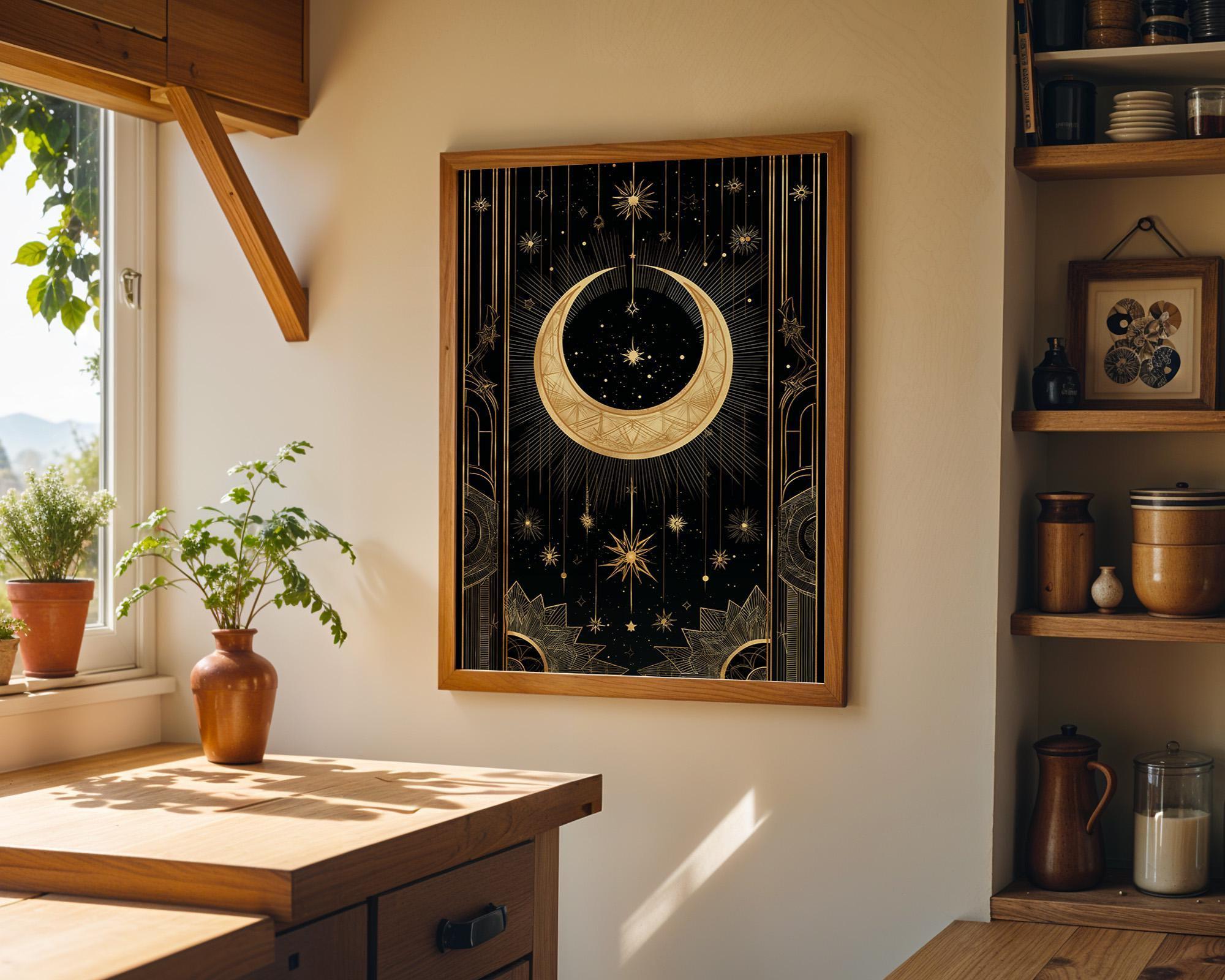 Black & Gold Moon Celestial Night Sky Wall Art by The Wall Art Studio