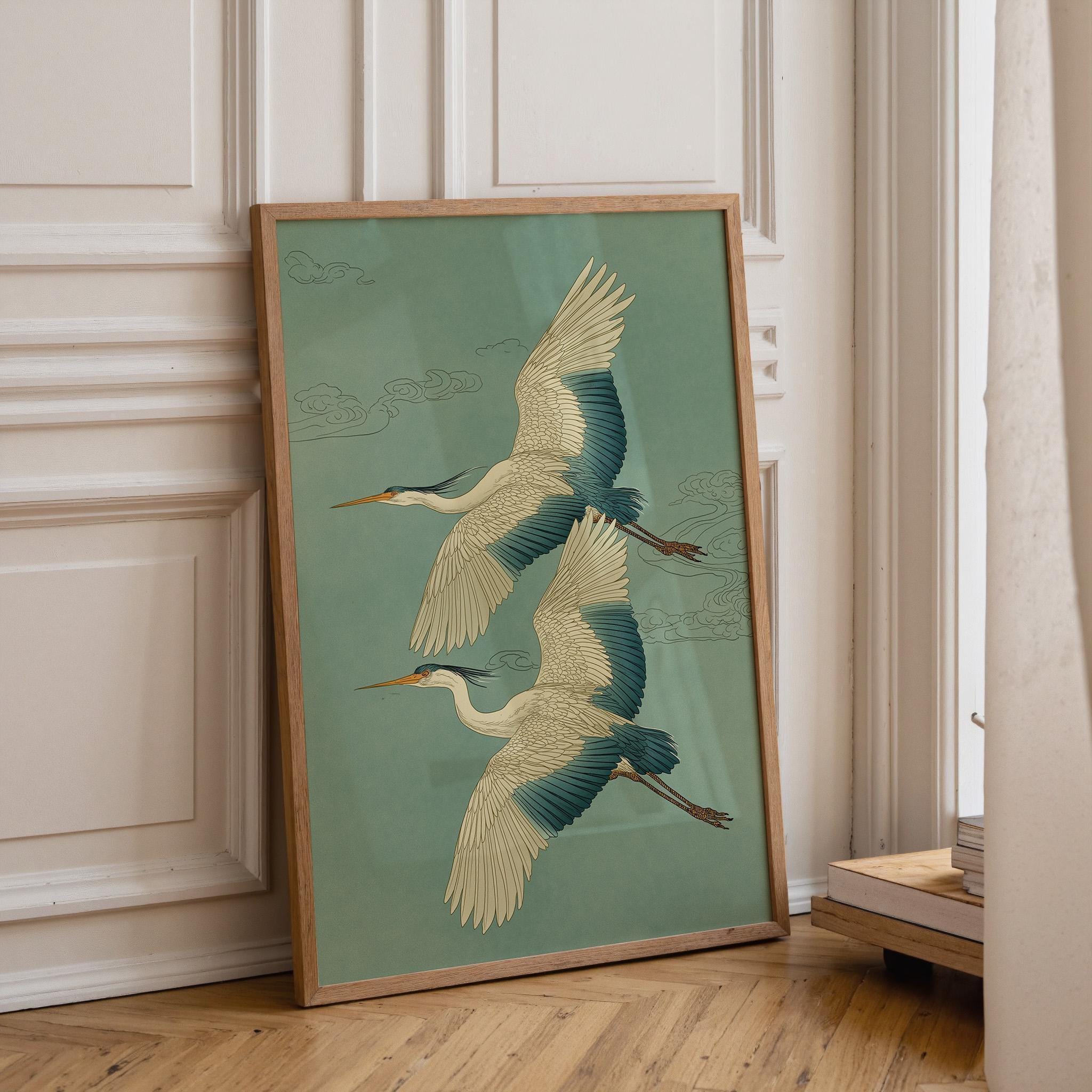 Japanese Crane Ukiyo-e Inspired Japandi Teal Heron by The Wall Art Studio
