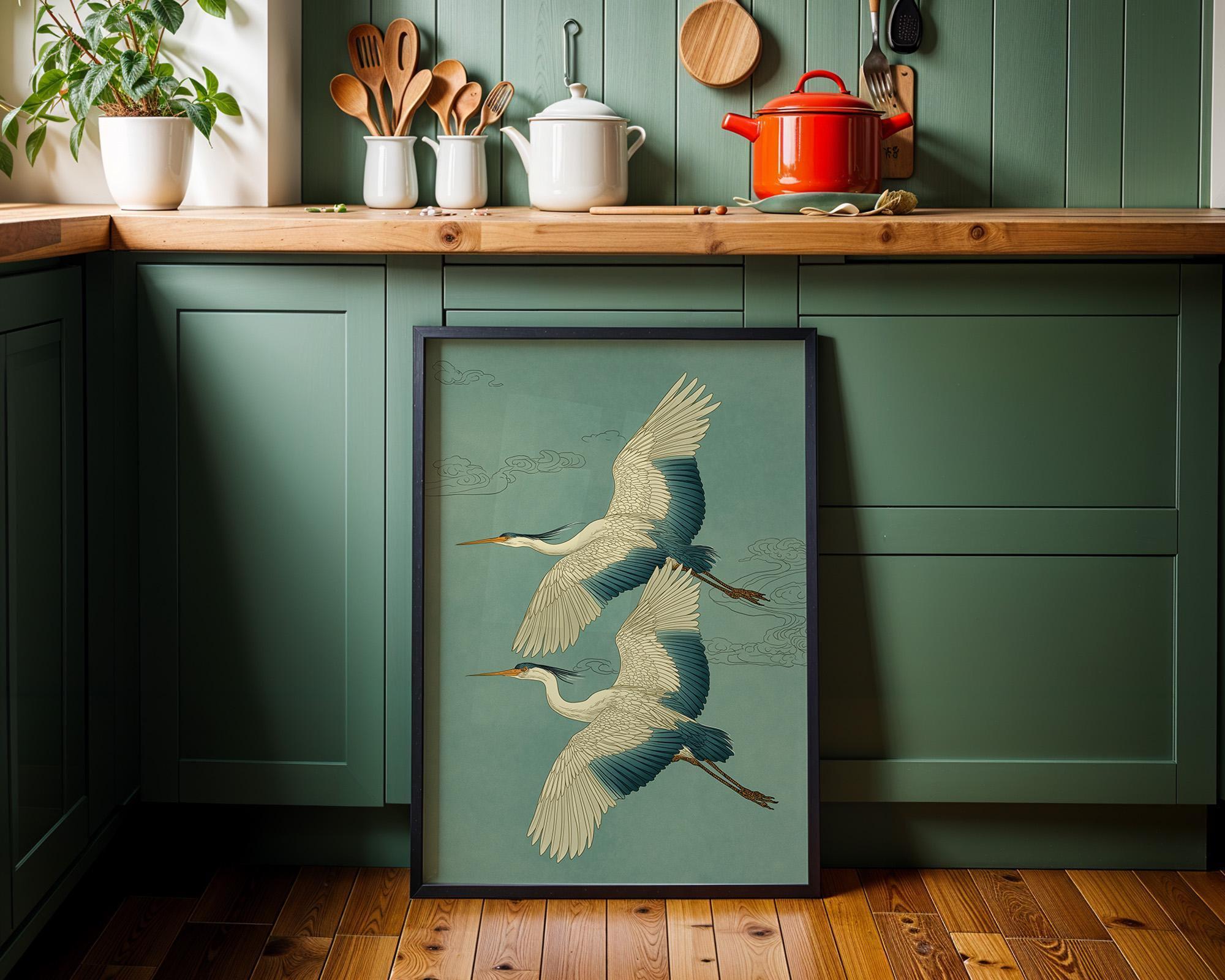 Japanese Crane Ukiyo-e Inspired Japandi Teal Heron by The Wall Art Studio