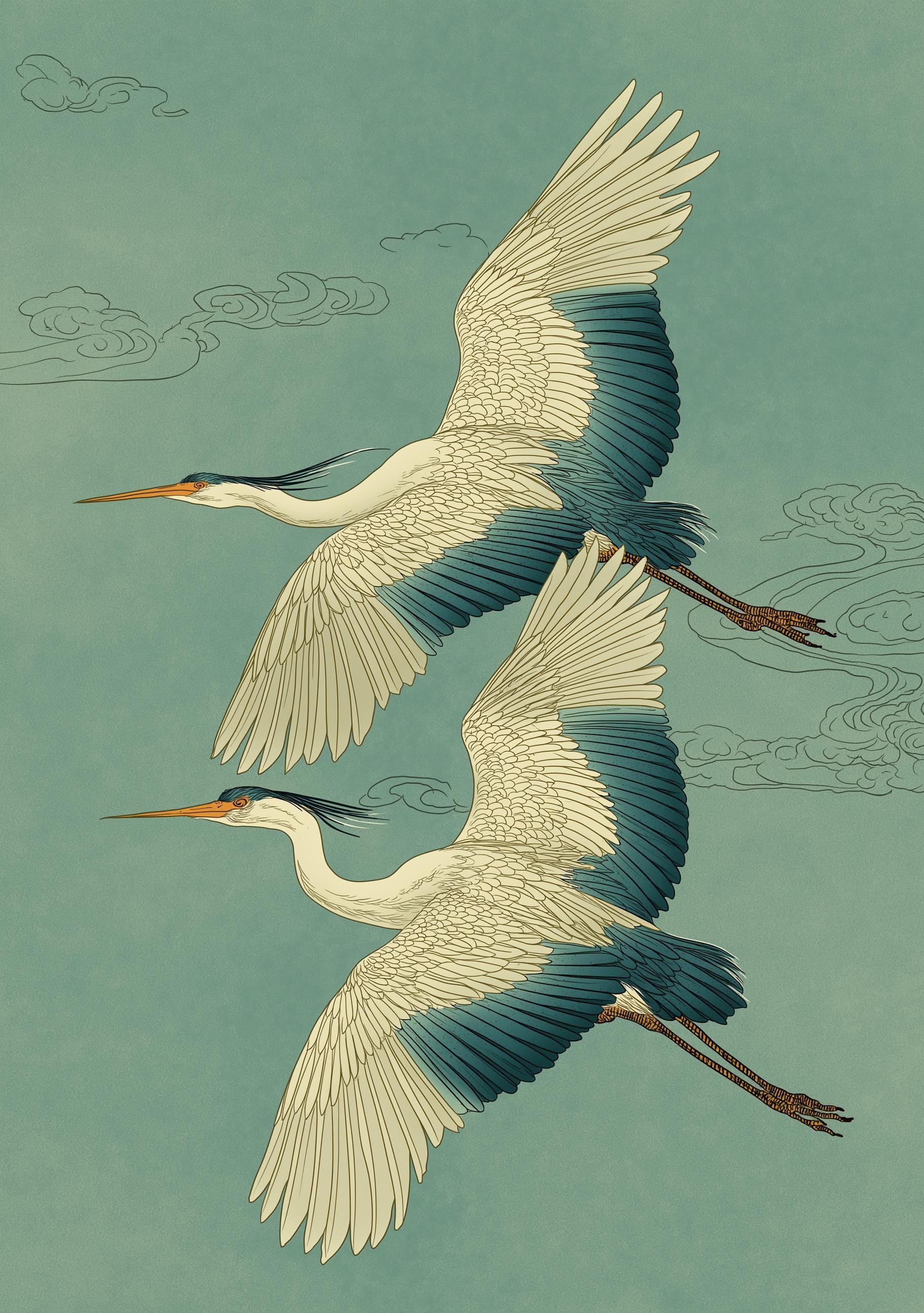 Japanese Crane Ukiyo-e Inspired Japandi Teal Heron by The Wall Art Studio