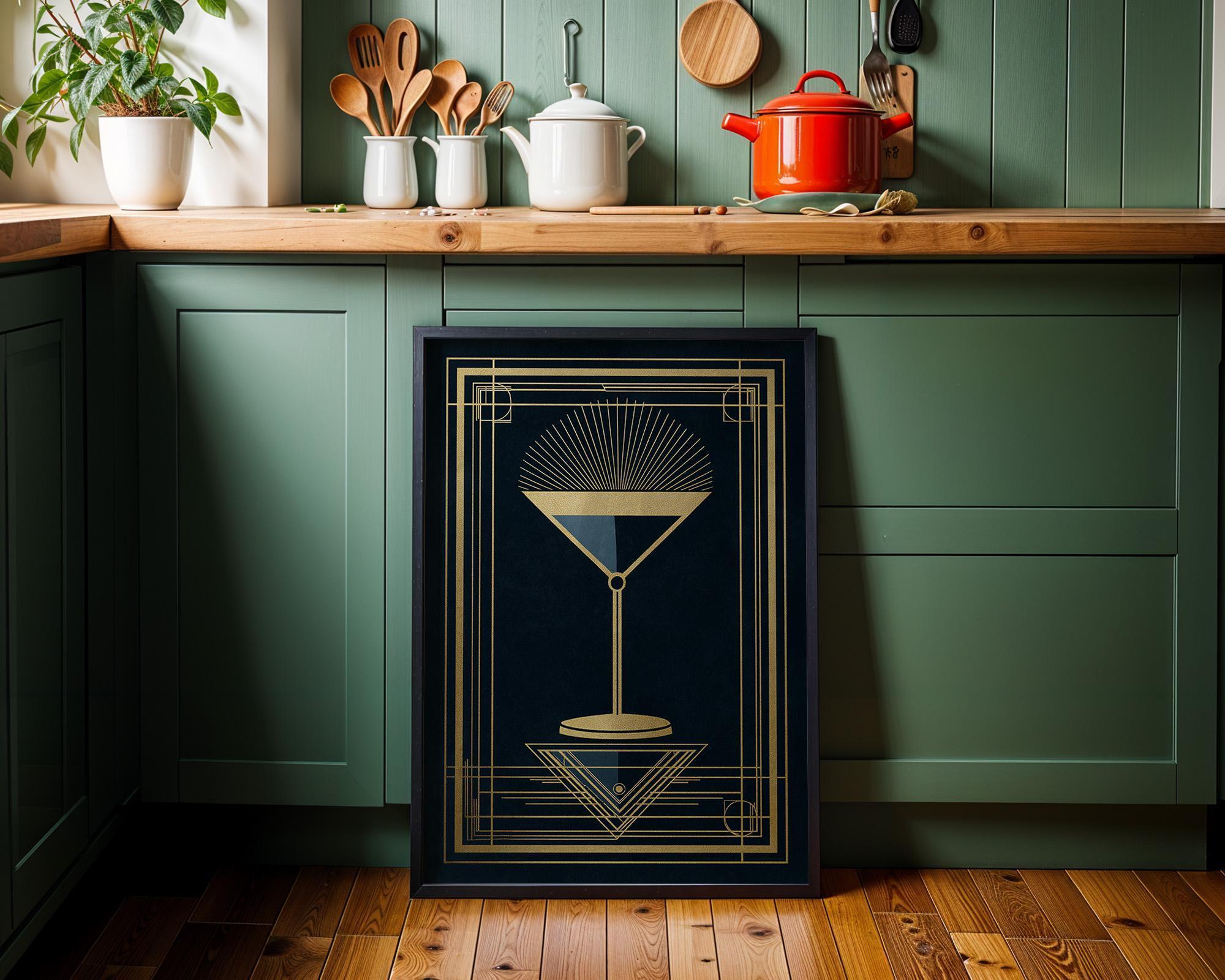 Art Deco Cocktail Wall Art Print, Minimalist Martini Illustration, Black and Gold Bar Décor