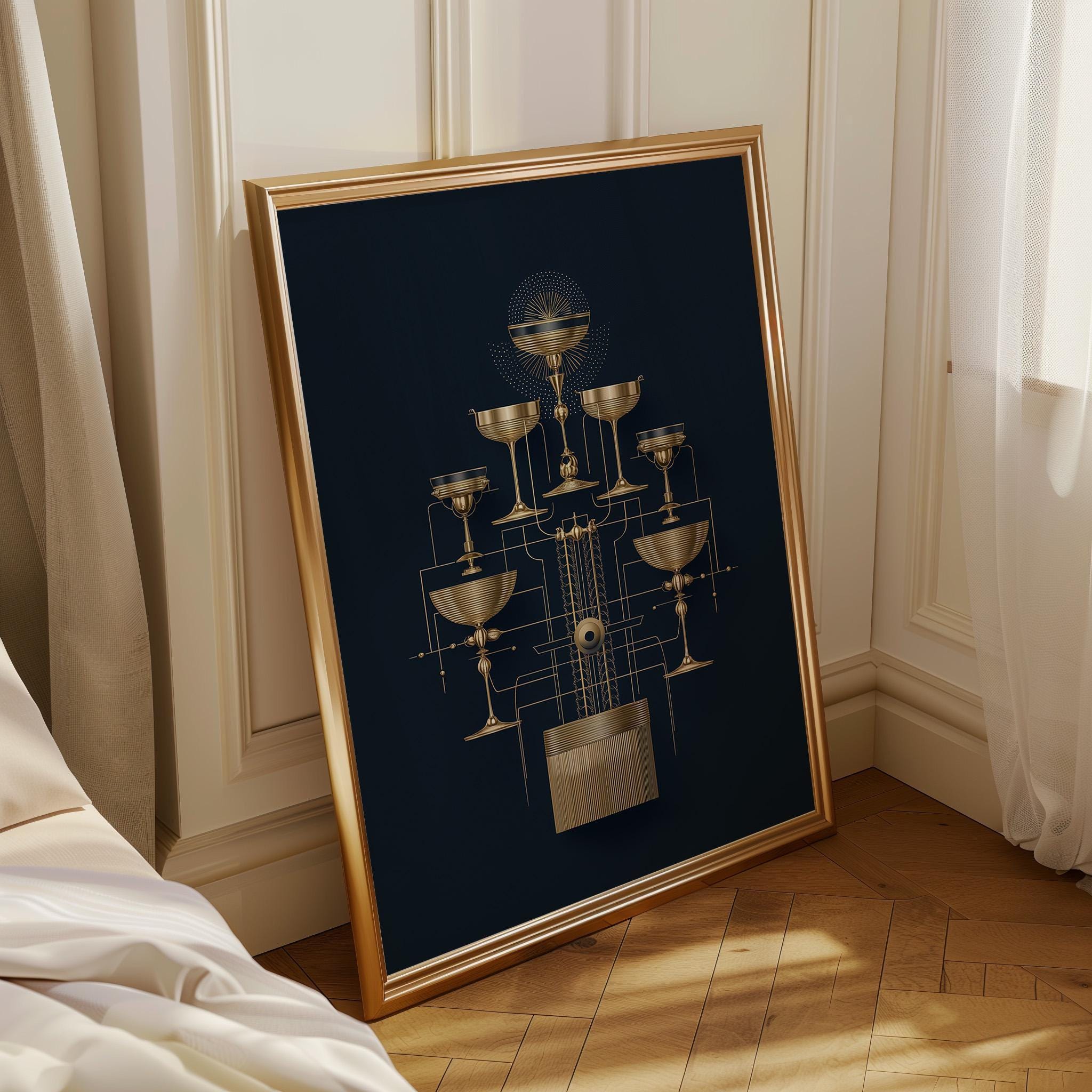 Art Deco Cocktail Wall Art Print, Minimalist Martini Illustration, Blue and Gold Bar Décor