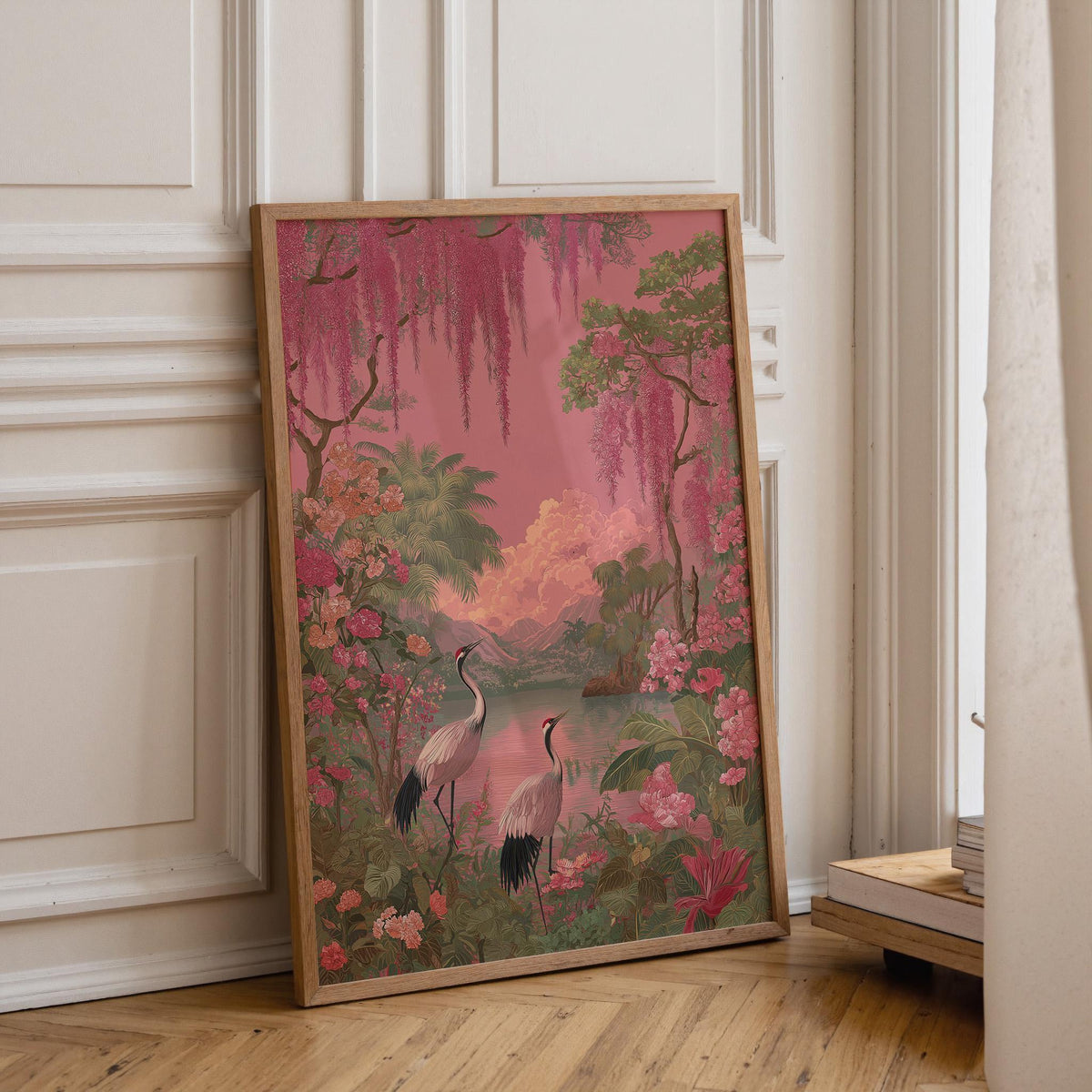 Pink Chinoiserie Crane Floral Oriental Landscape Vintage Asian Wall Art