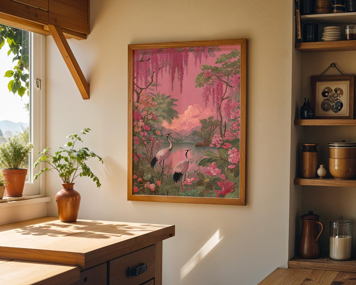 Pink Chinoiserie Crane Floral Oriental Landscape Vintage Asian Wall Art