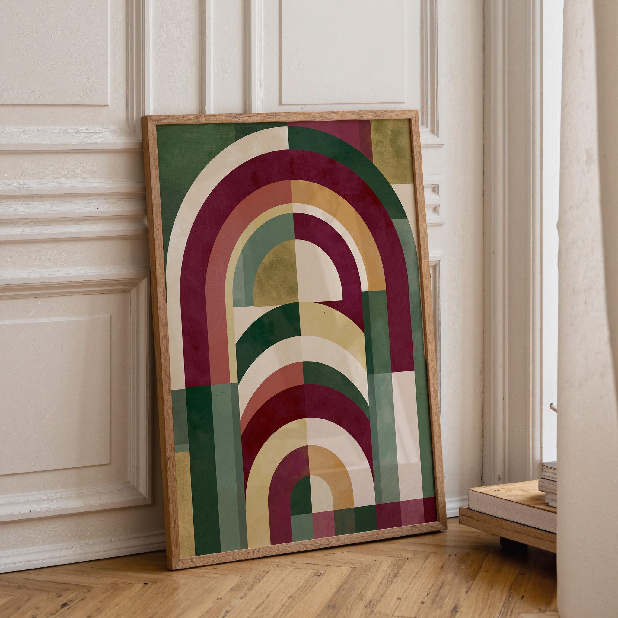 Burgundy, Green & Gold Neo Deco Geometric Arch Wall Art by The Wall Art Studio