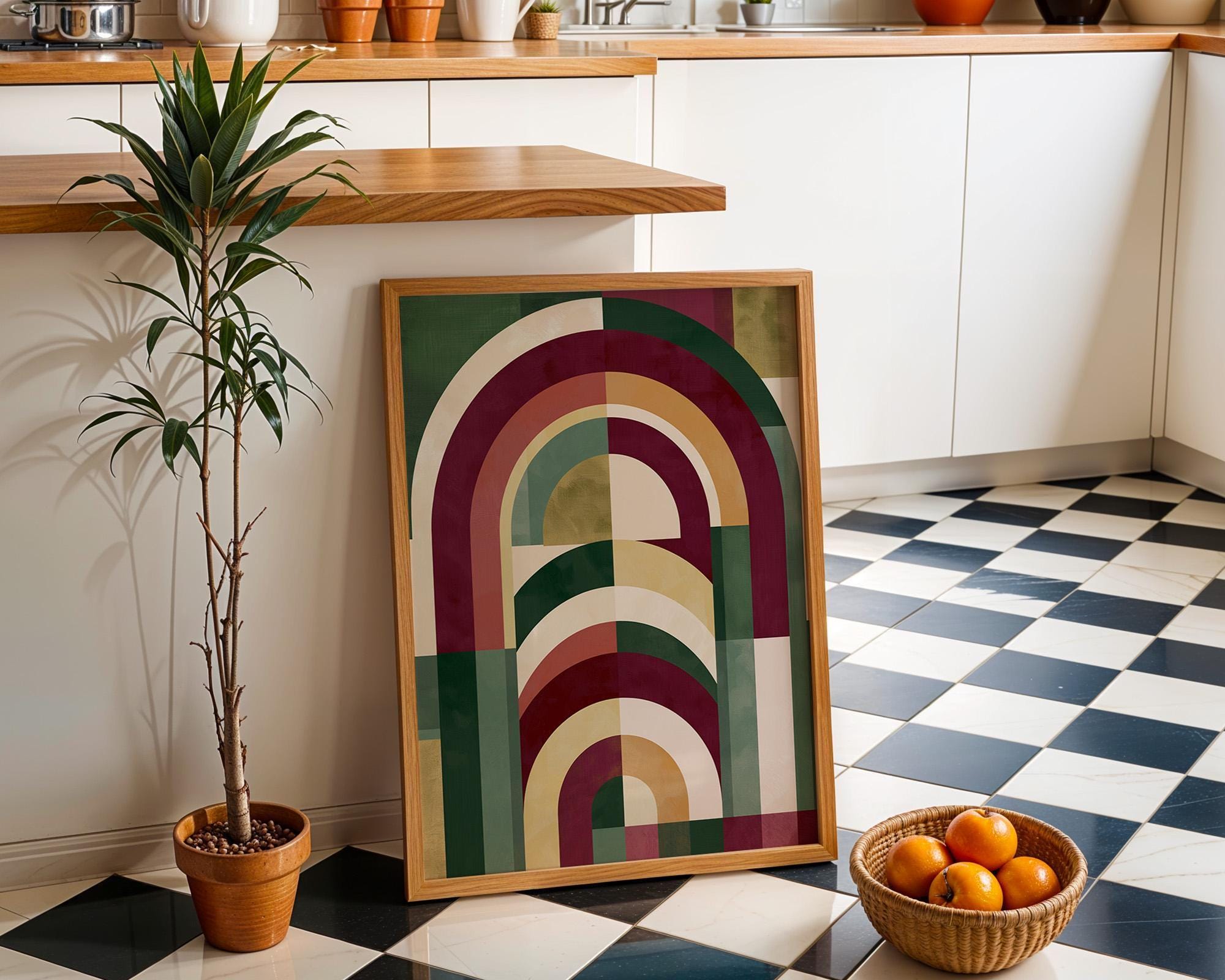 Burgundy, Green & Gold Neo Deco Geometric Arch Wall Art by The Wall Art Studio