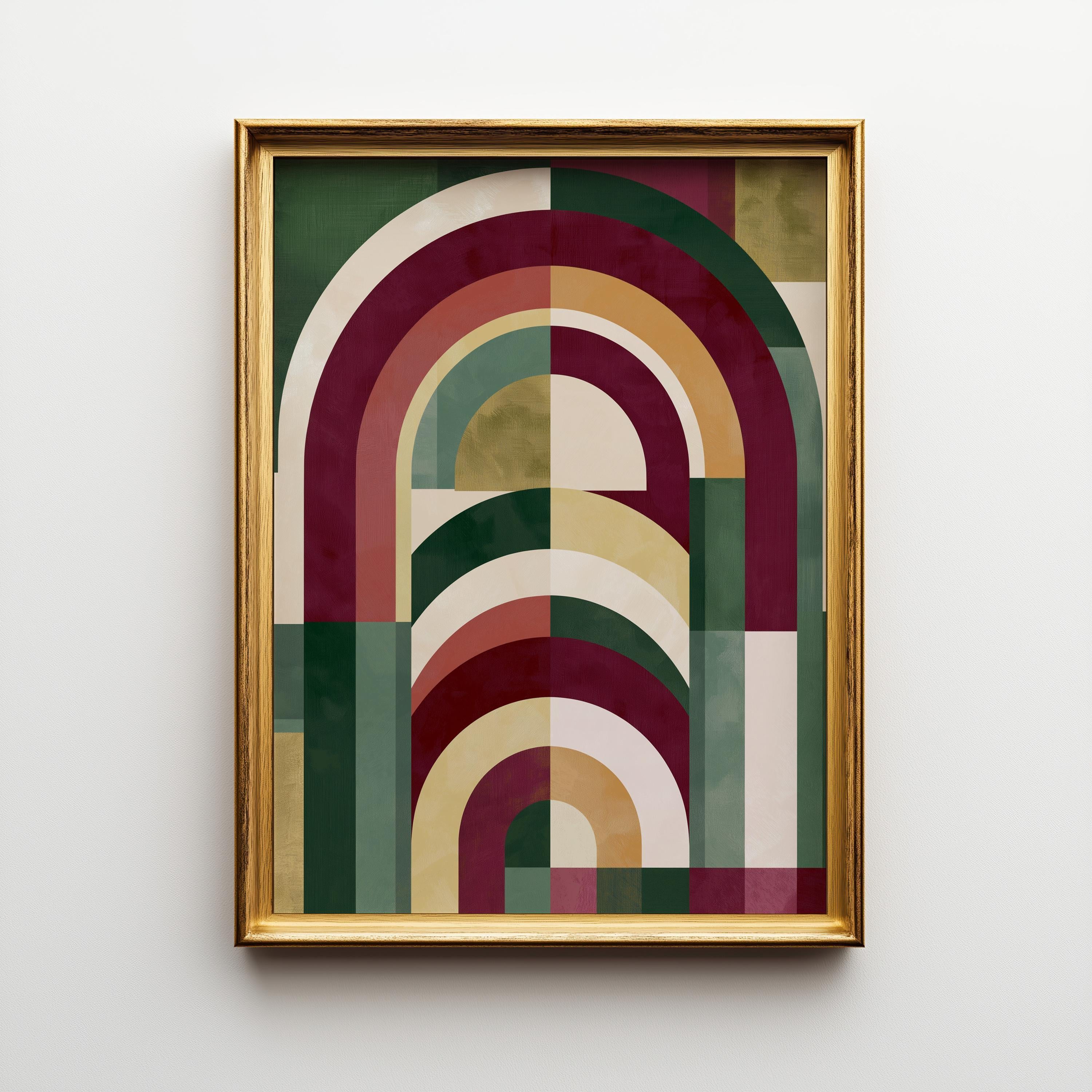 Burgundy, Green & Gold Neo Deco Geometric Arch Wall Art by The Wall Art Studio