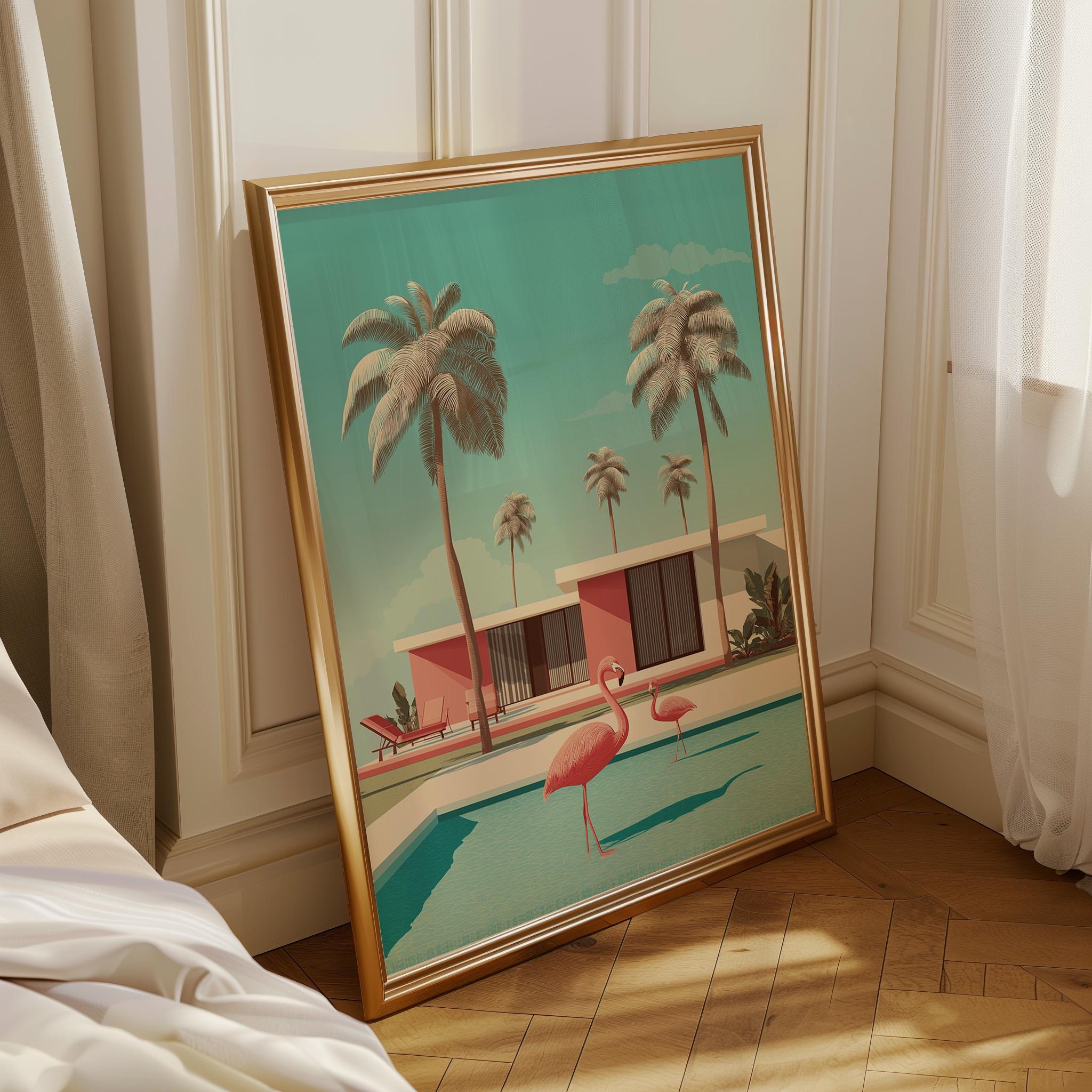 Mid Century Modern Flamingo in Pool Palm Springs Retro Wall Art by The Wall Art Studio - physical