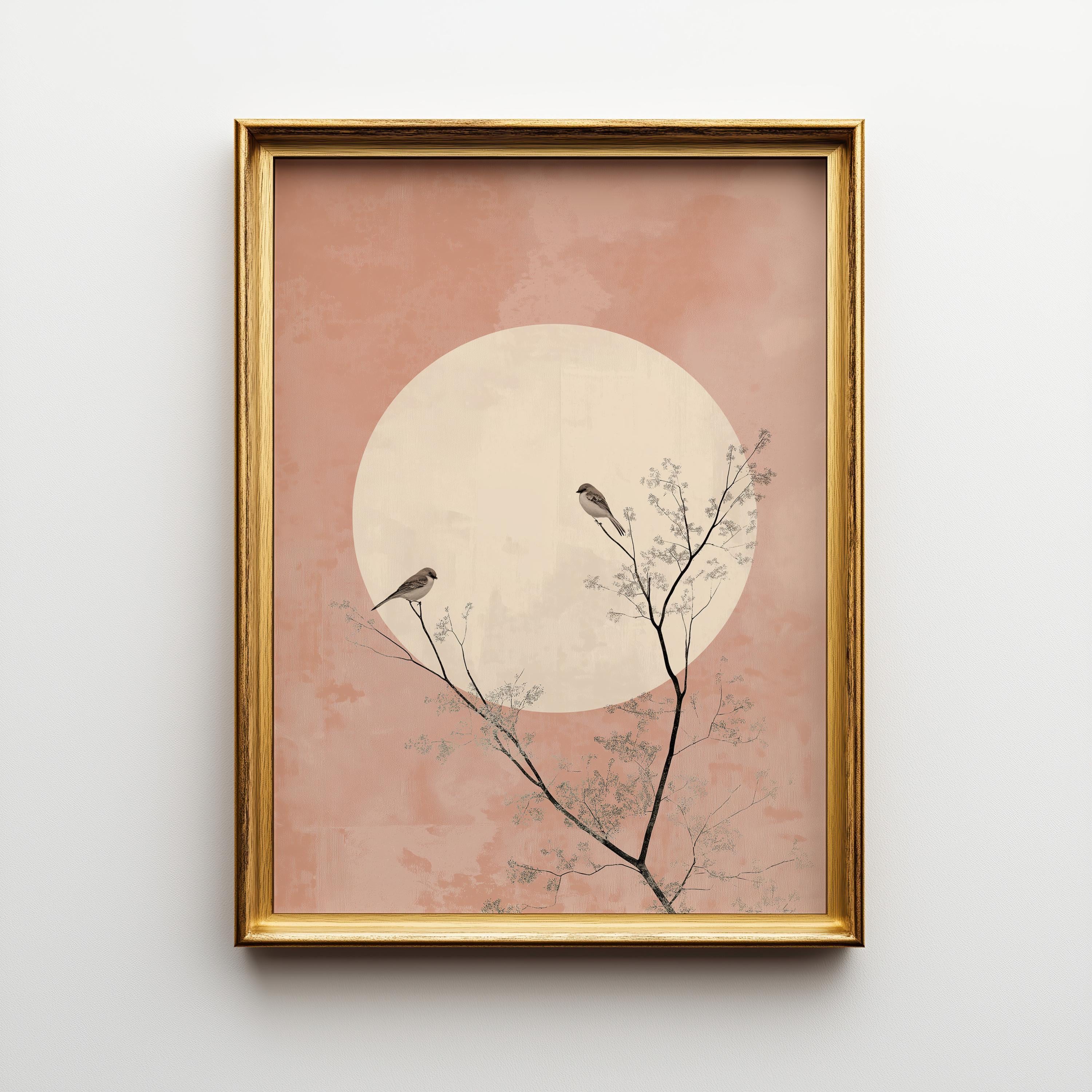 Soft Pink Boho Japandi Minimalist Moon and Birds Wall Art by The Wall Art Studio - physical