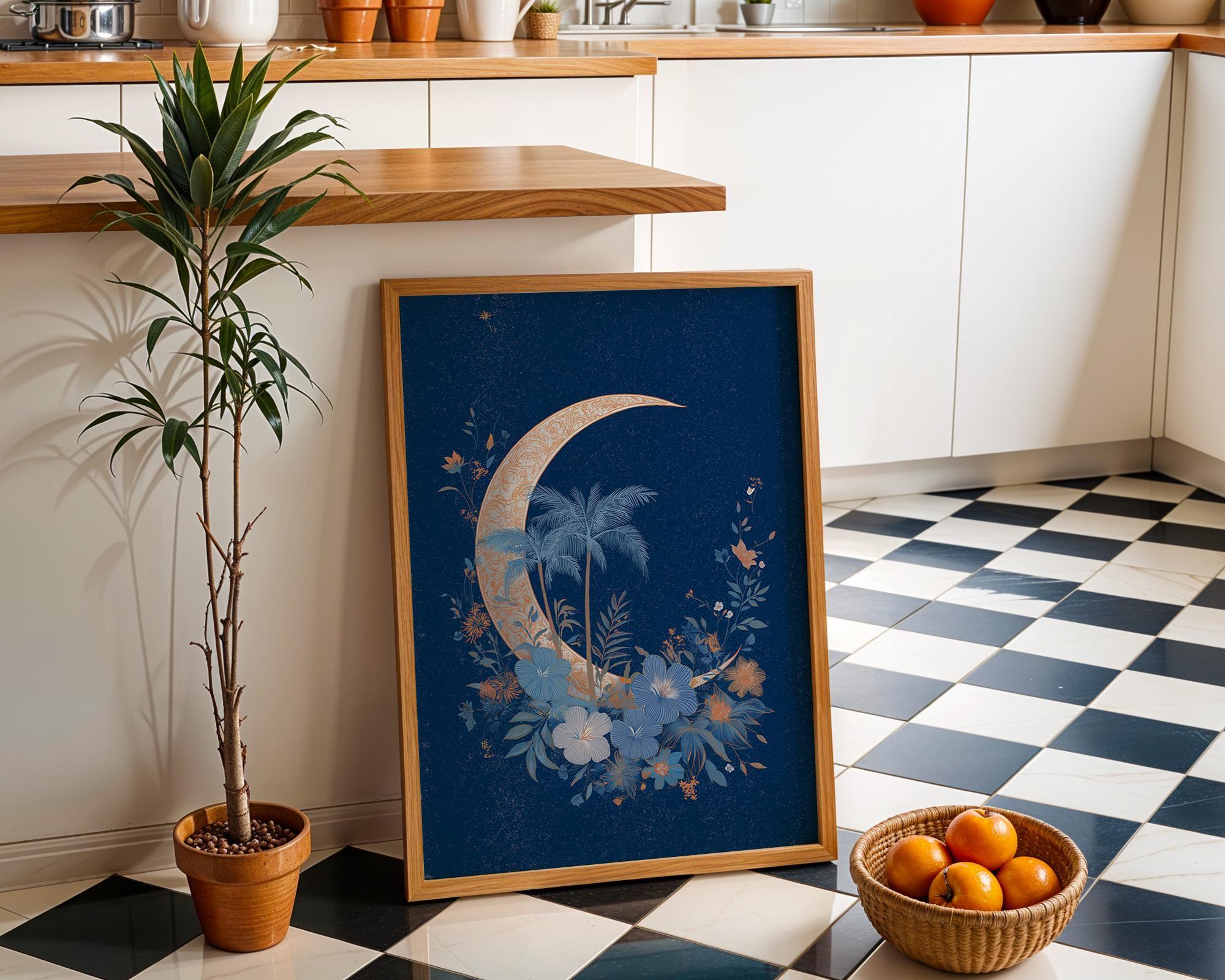 Blue Palm Tree Moon Celestial Tropical Boho Night Sky Wall Art by The Wall Art Studio