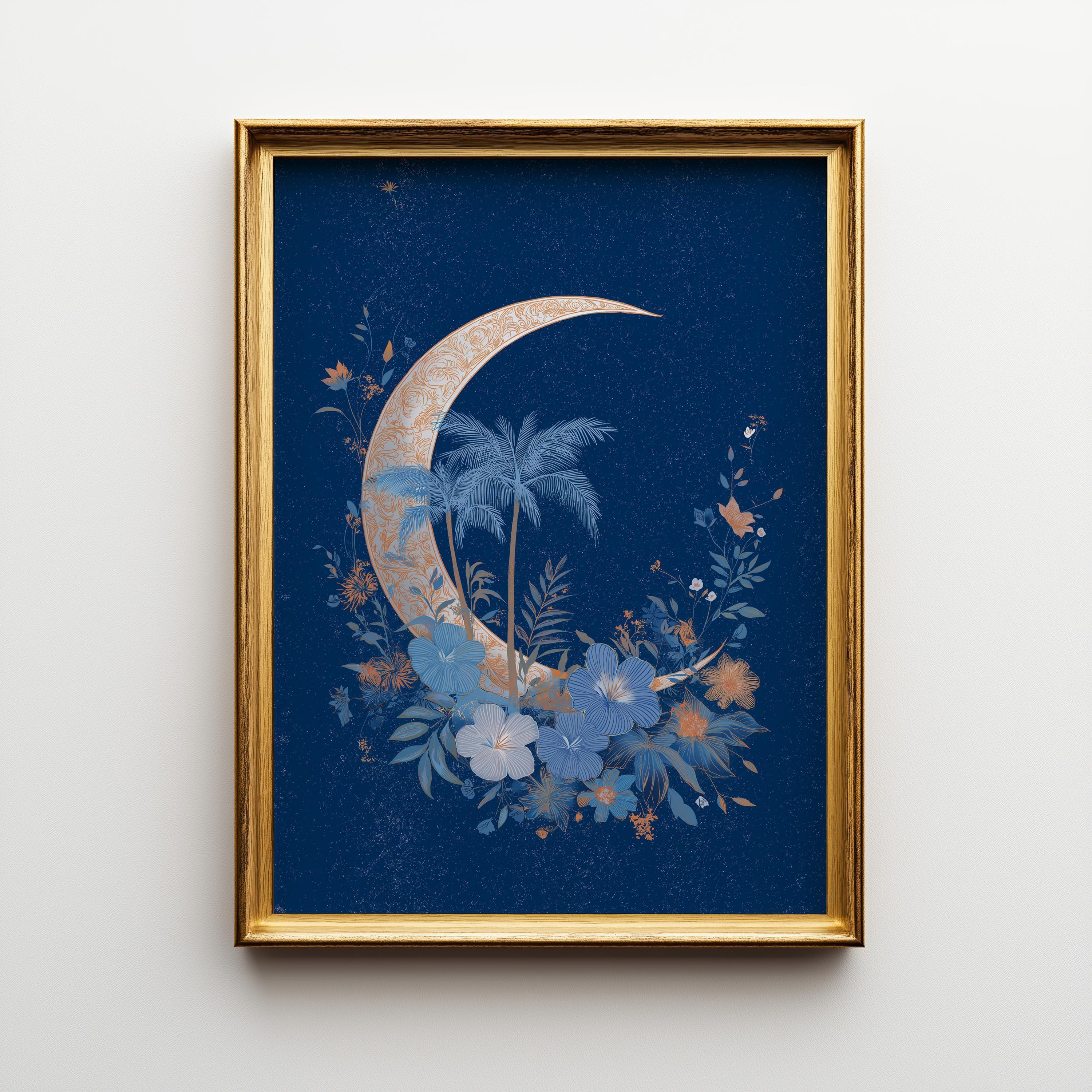 Blue Palm Tree Moon Celestial Tropical Boho Night Sky Wall Art by The Wall Art Studio