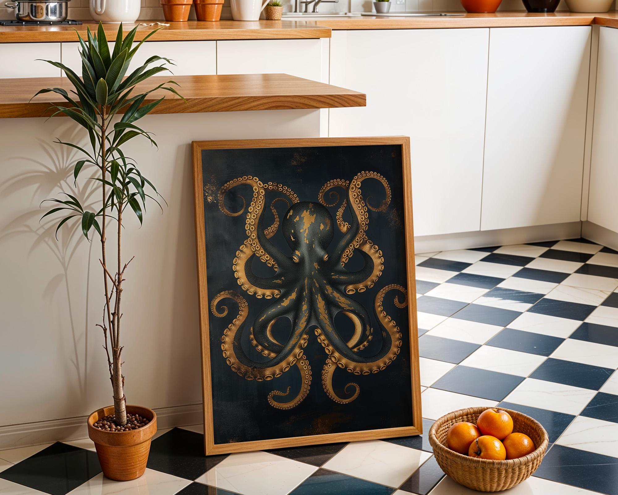 Octopus Nautical Coastal Blue and Gold Kraken Wall Art