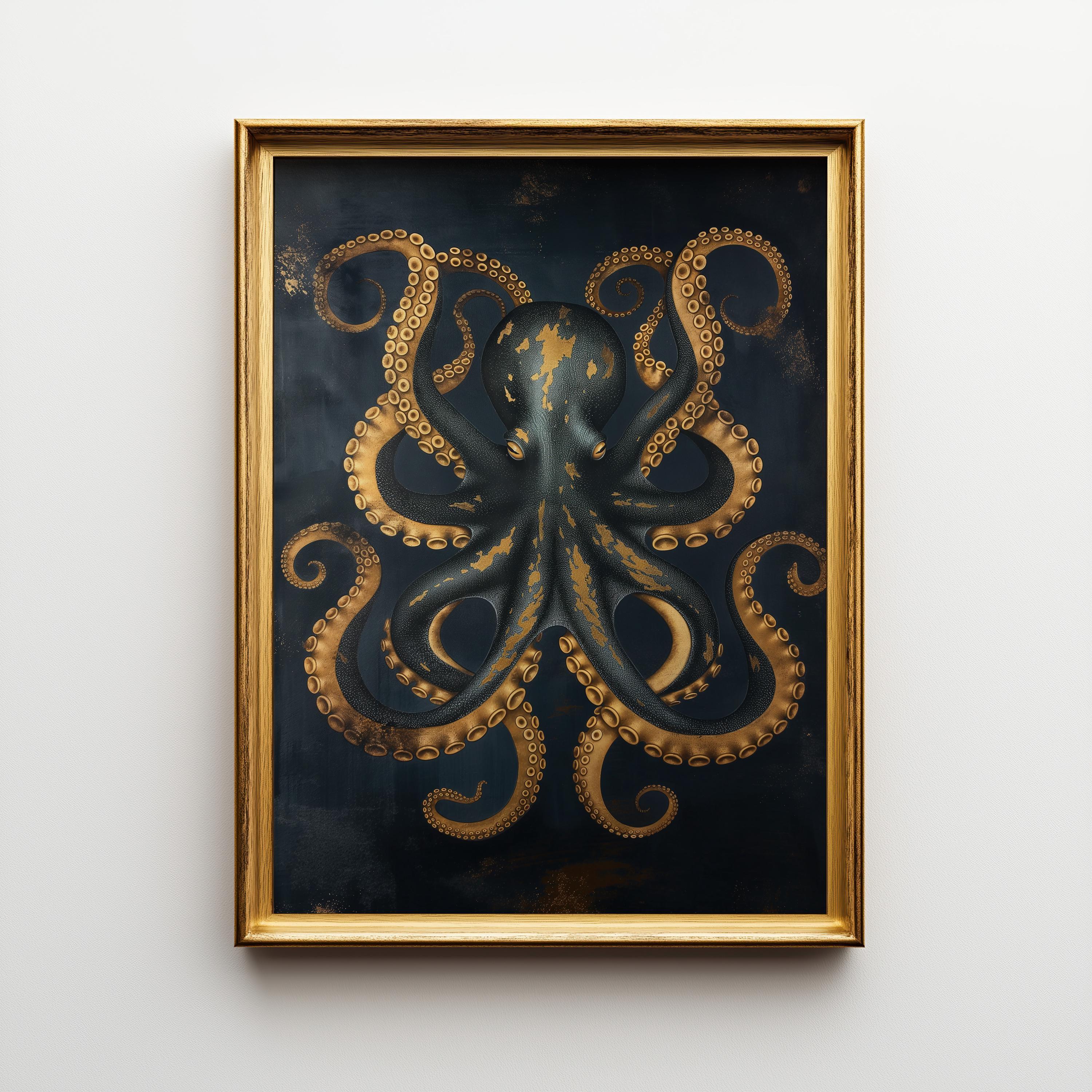 Octopus Nautical Coastal Blue and Gold Kraken Wall Art