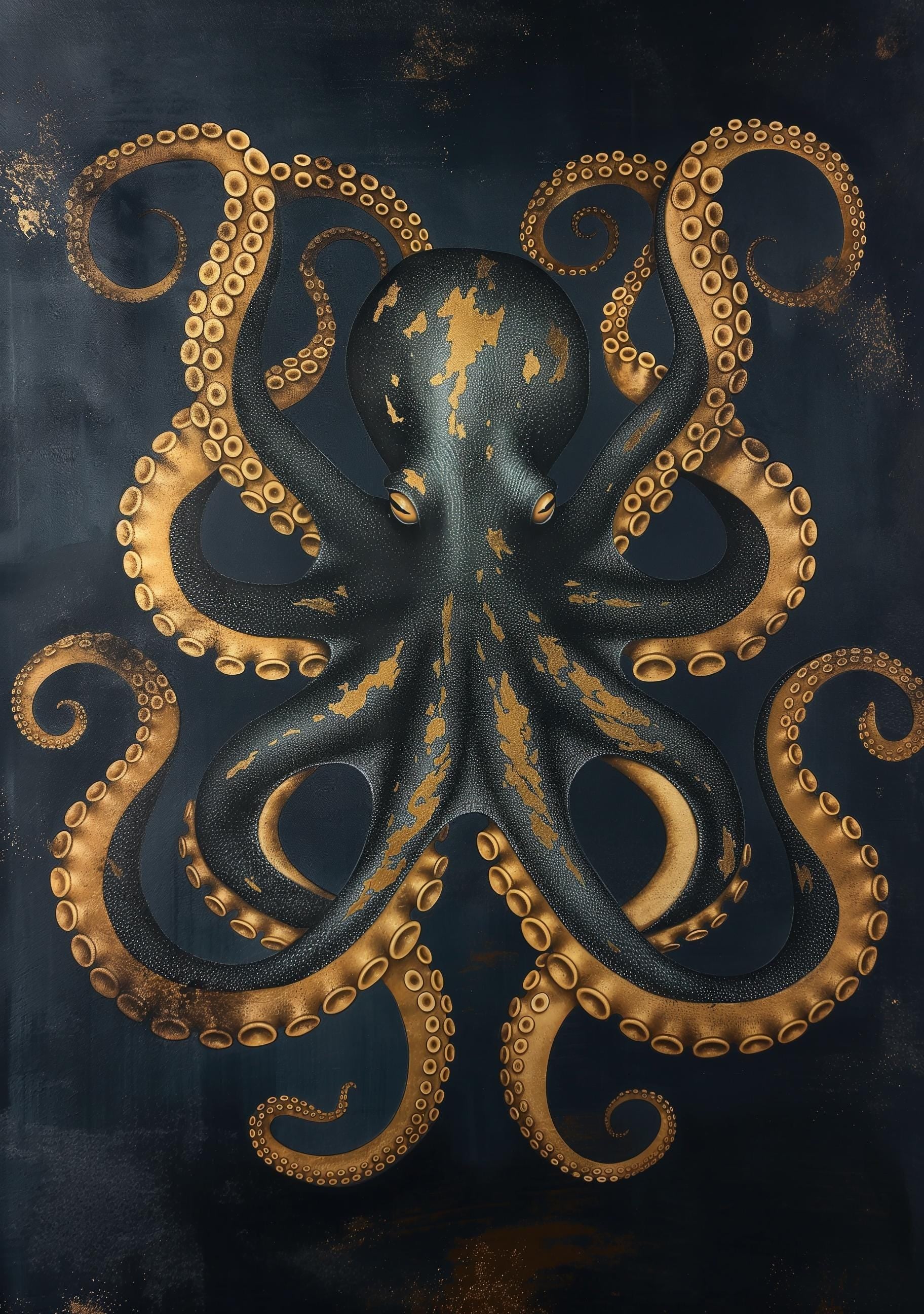 Octopus Nautical Coastal Blue and Gold Kraken Wall Art