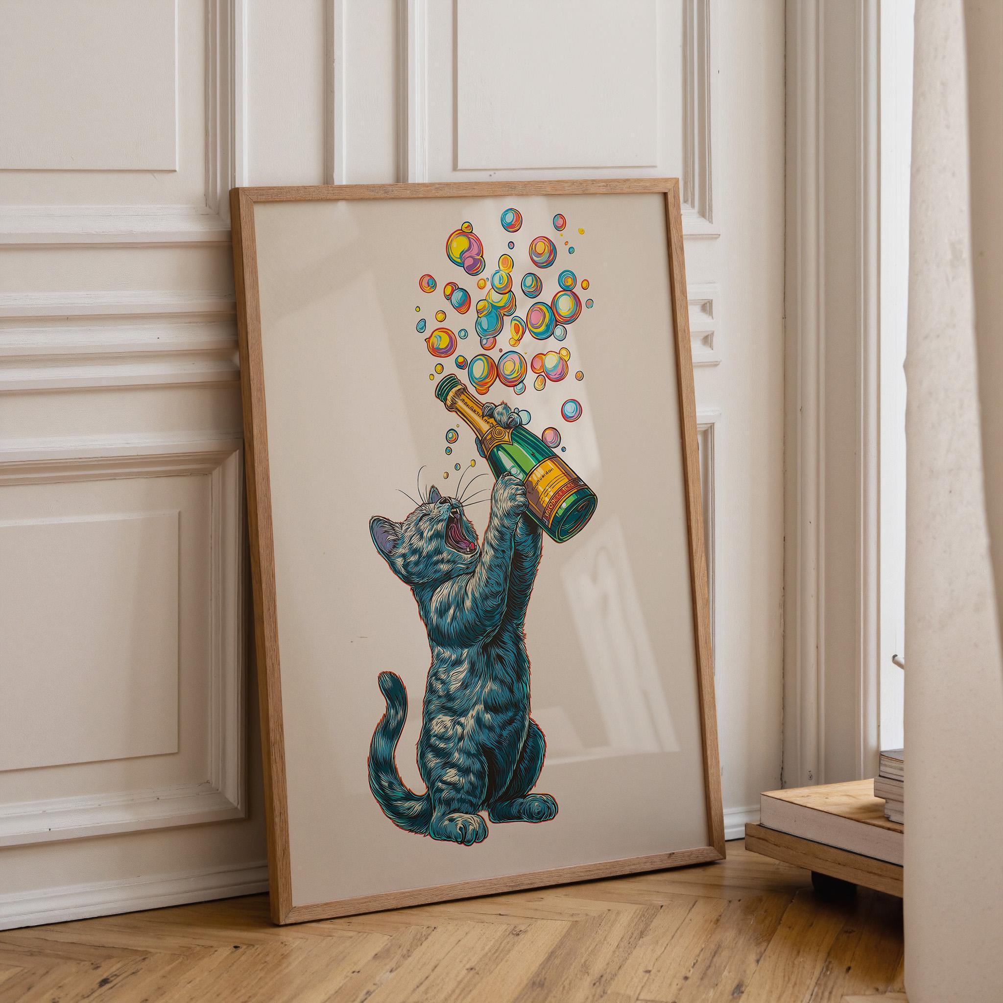 Black Cat Champagne Prosecco Bubble Celebration Wall Art by The Wall Art Studio - physical