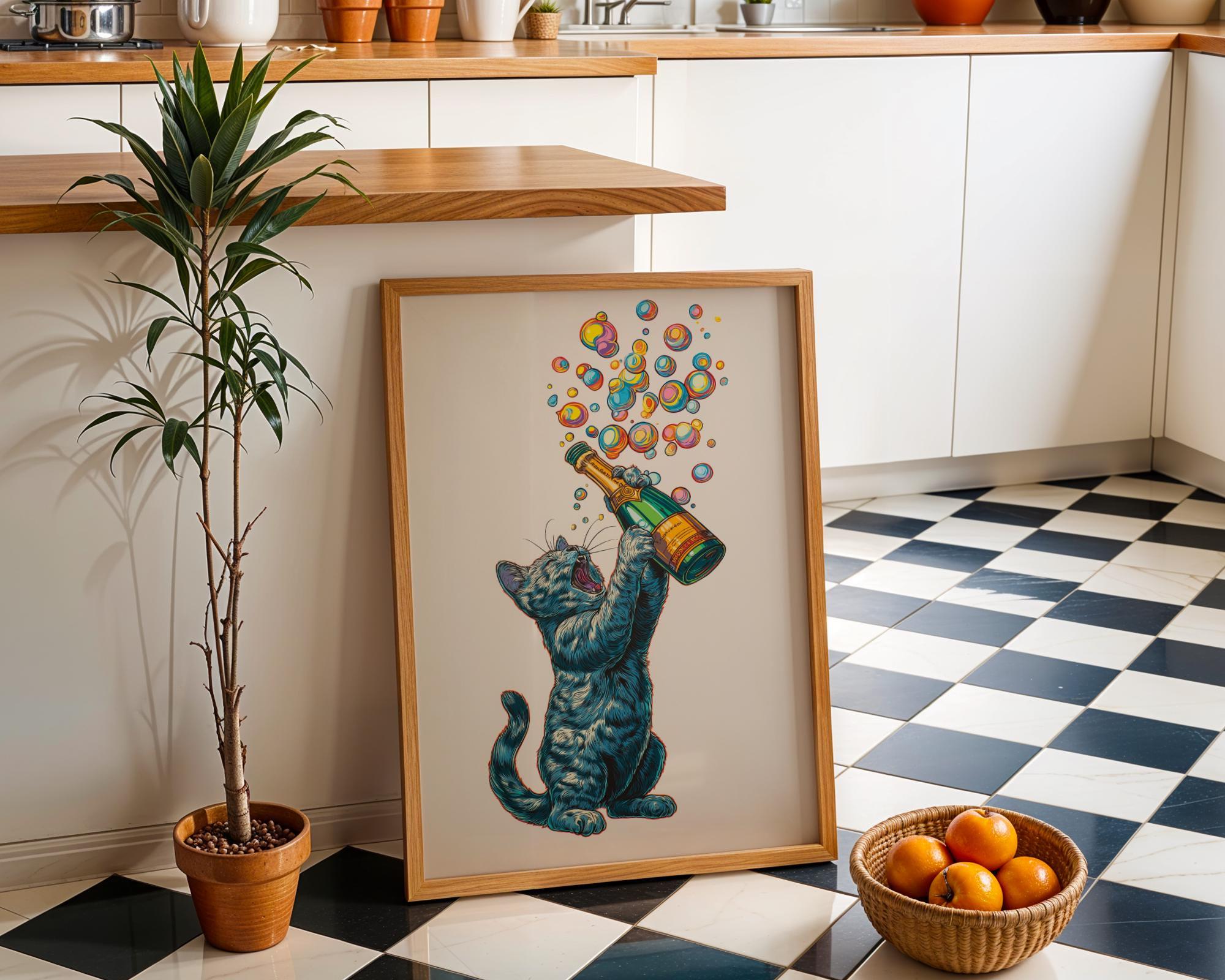 Black Cat Champagne Prosecco Bubble Celebration Wall Art by The Wall Art Studio - physical