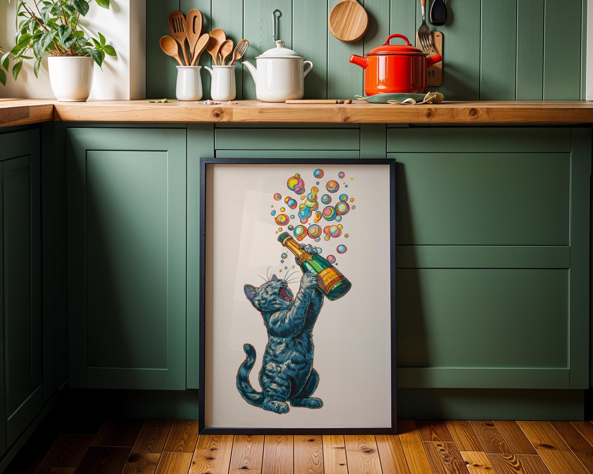 Black Cat Champagne Prosecco Bubble Celebration Wall Art by The Wall Art Studio - physical