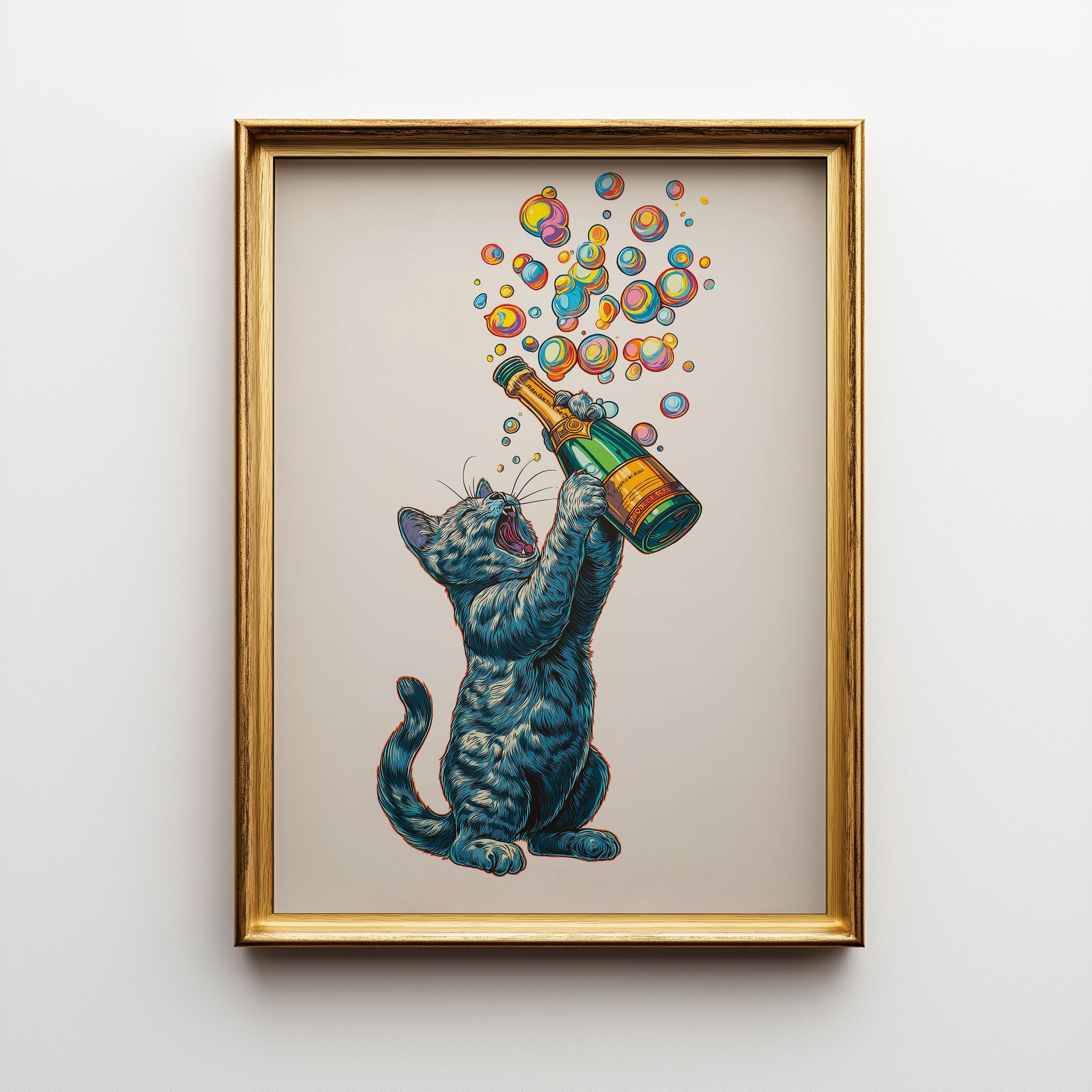 Black Cat Champagne Prosecco Bubble Celebration Wall Art by The Wall Art Studio - physical