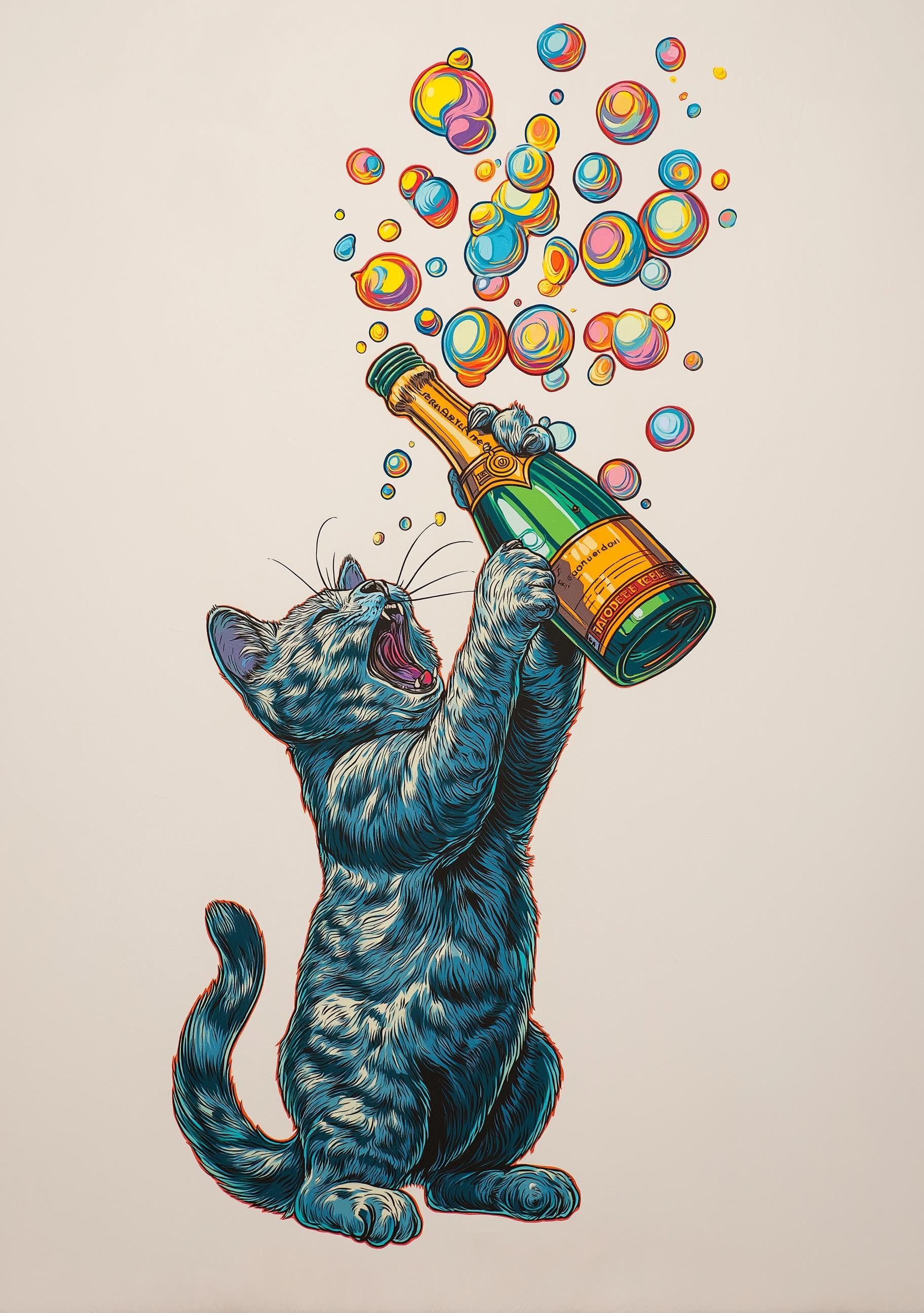 Black Cat Champagne Prosecco Bubble Celebration Wall Art by The Wall Art Studio - physical