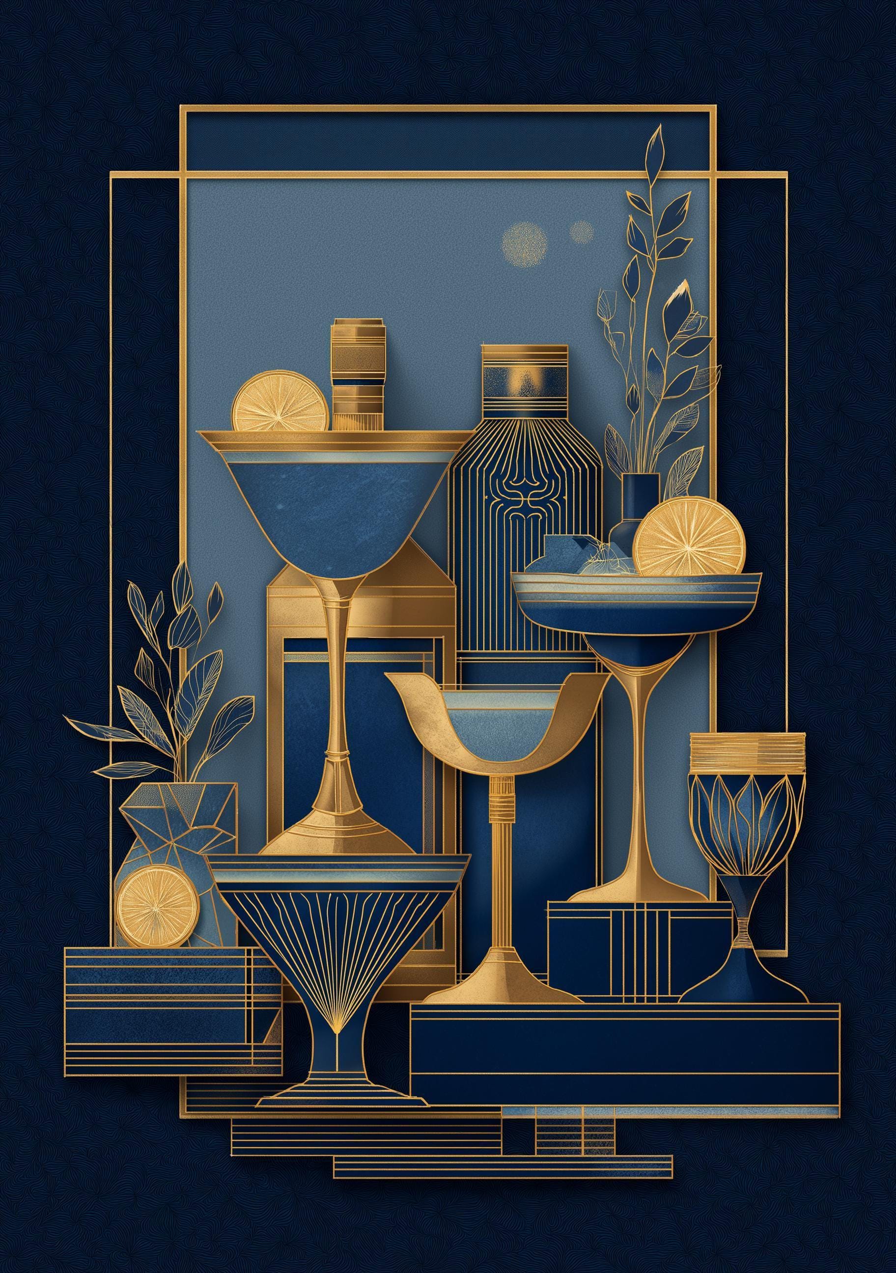 Art Deco Cocktail Wall Art Print, Minimalist Martini Illustration, Blue and Gold Bar Décor