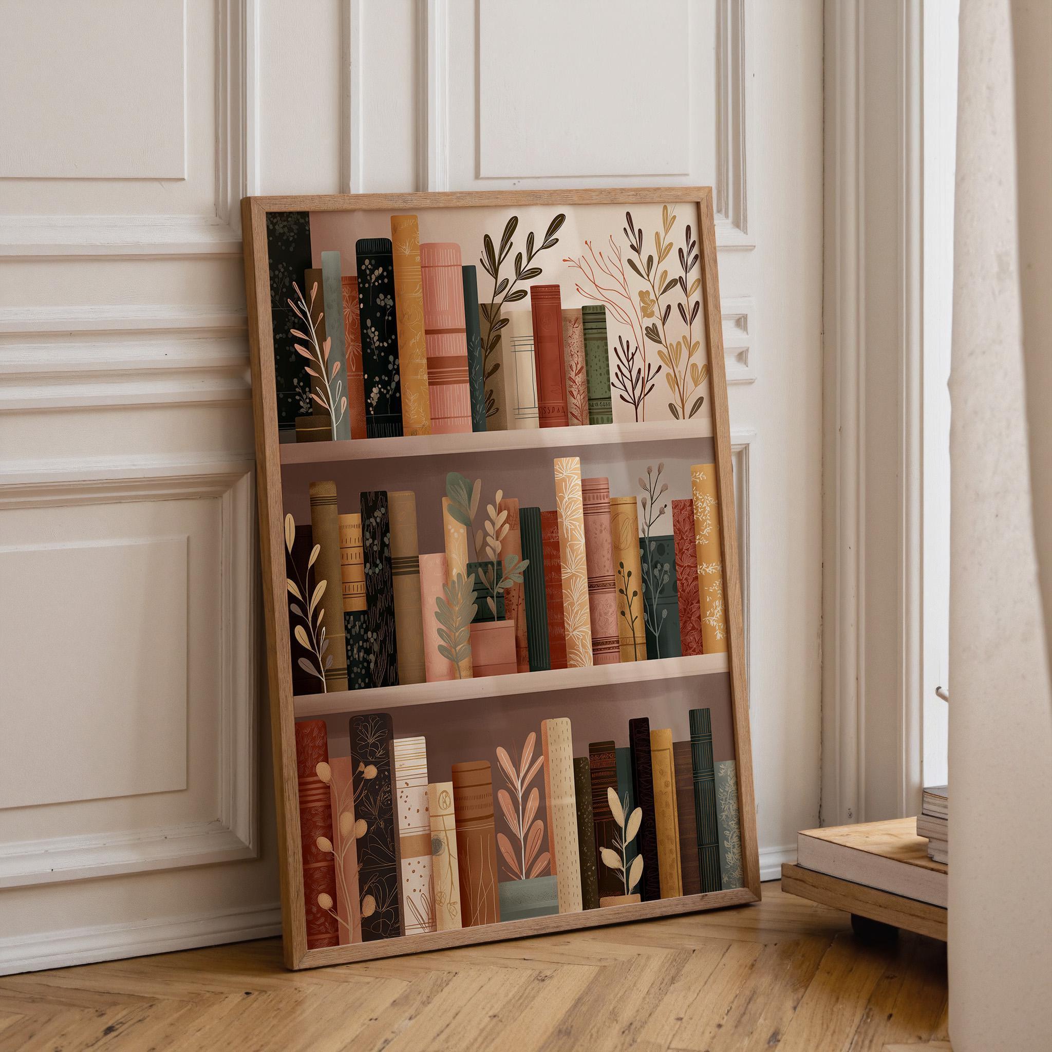Floral Bookshelf Botanical Book Lover Whimsical Library Wall Art by The Wall Art Studio