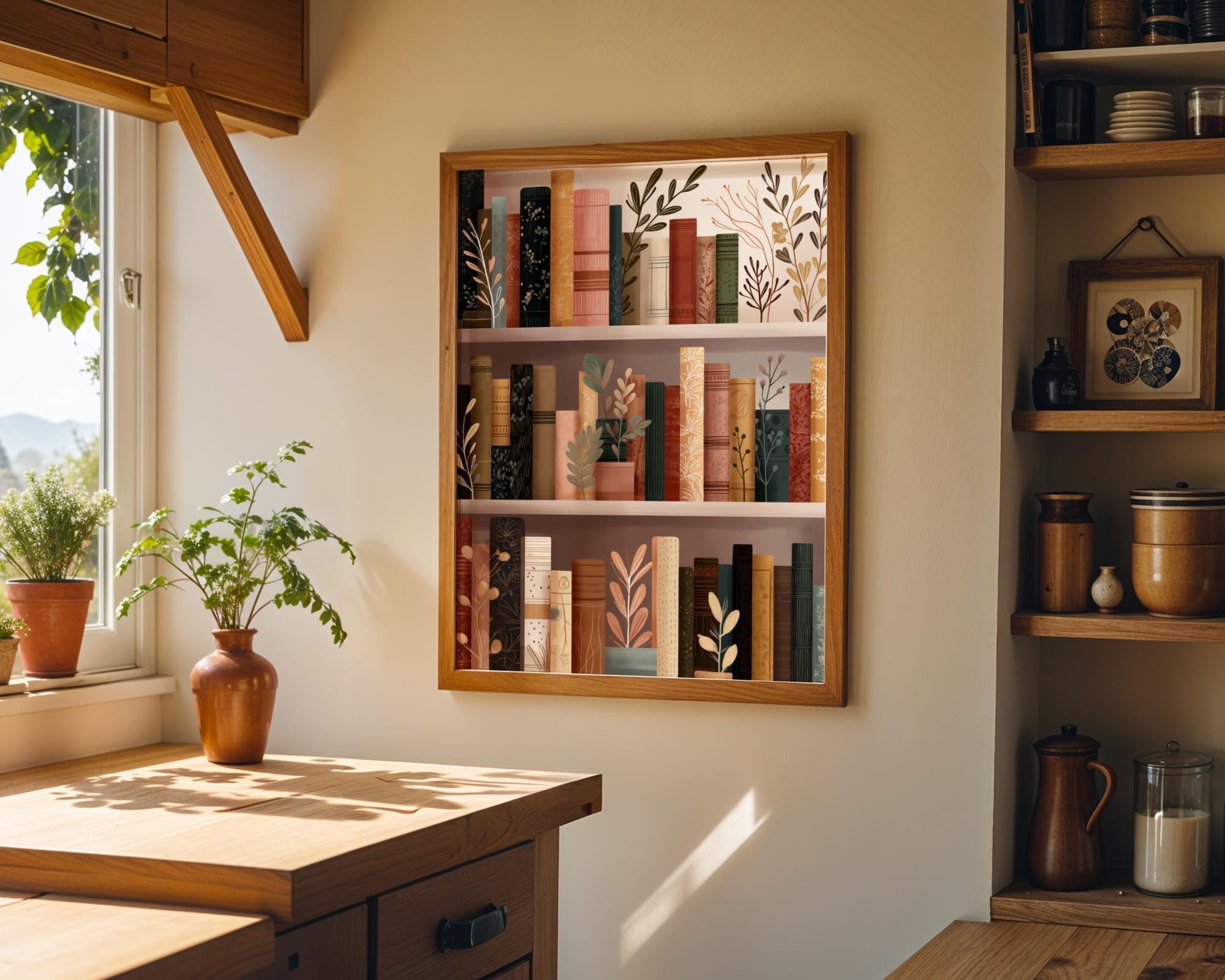 Floral Bookshelf Botanical Book Lover Whimsical Library Wall Art by The Wall Art Studio