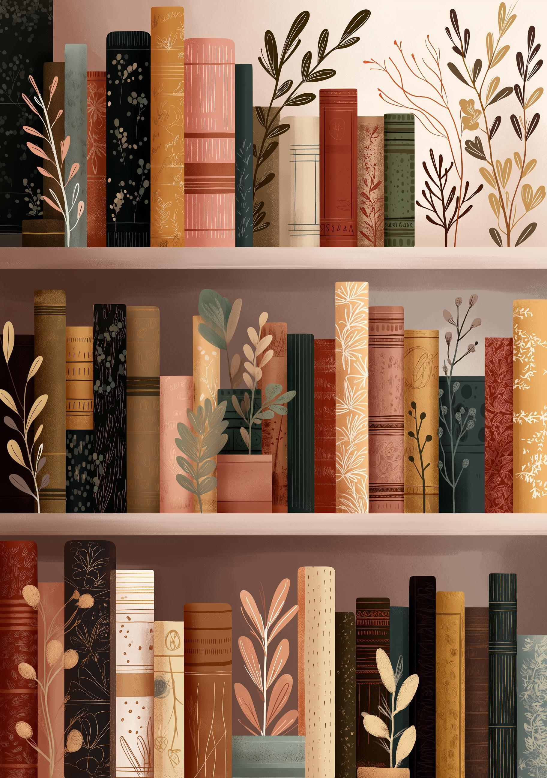 Floral Bookshelf Botanical Book Lover Whimsical Library Wall Art by The Wall Art Studio